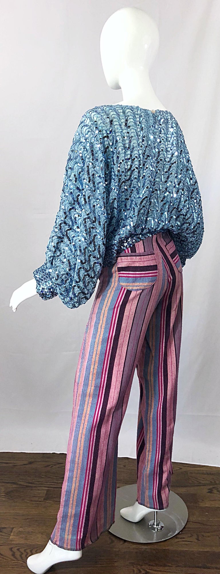 Fabulous 1970s High Waisted Pink + Blue Striped Vintage 70s Bell Bottoms Pants For Sale 8