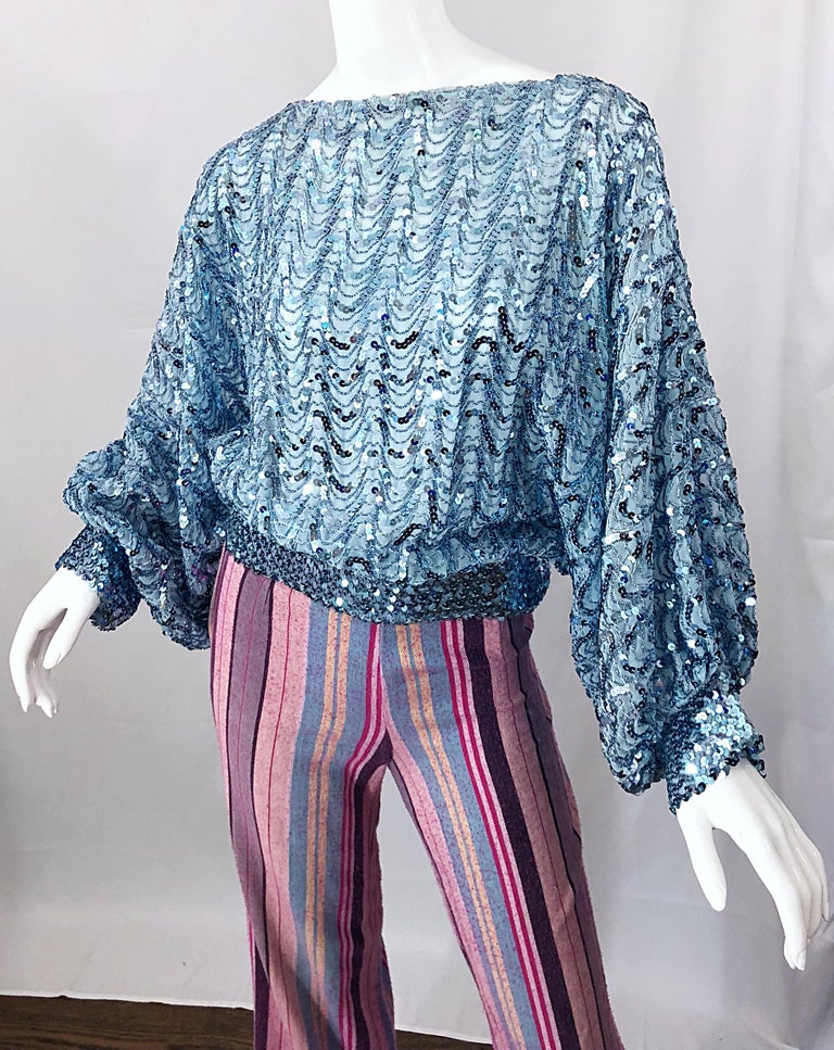 Fabulous 1970s High Waisted Pink + Blue Striped Vintage 70s Bell Bottoms Pants For Sale 9