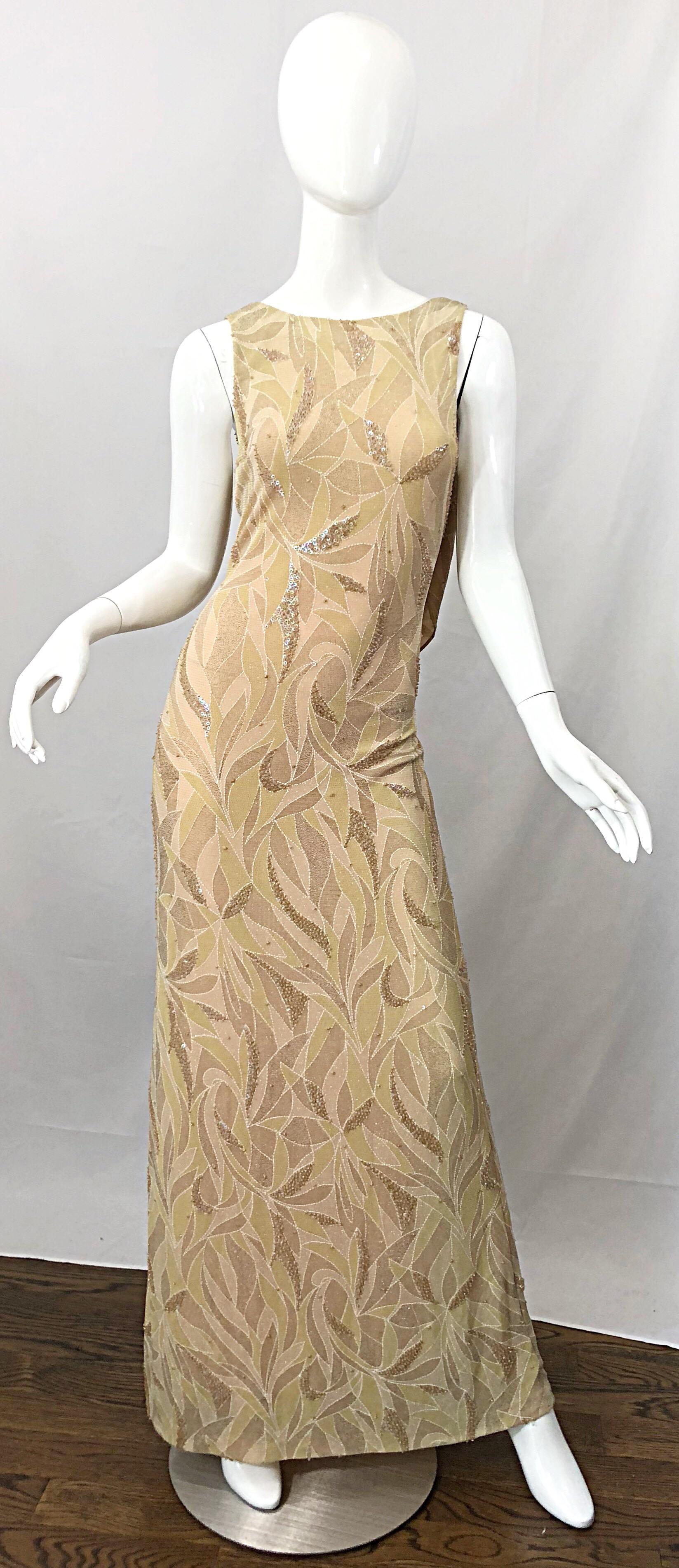 Beautiful 90s BOB MACKIE gold and champagne sequined evening dress and matching shawl! Features leaf motifs with hundreds of hand-sewn iridescent sequins sporadically throughout. Flattering draped plunging back. Hugs the body in all the right