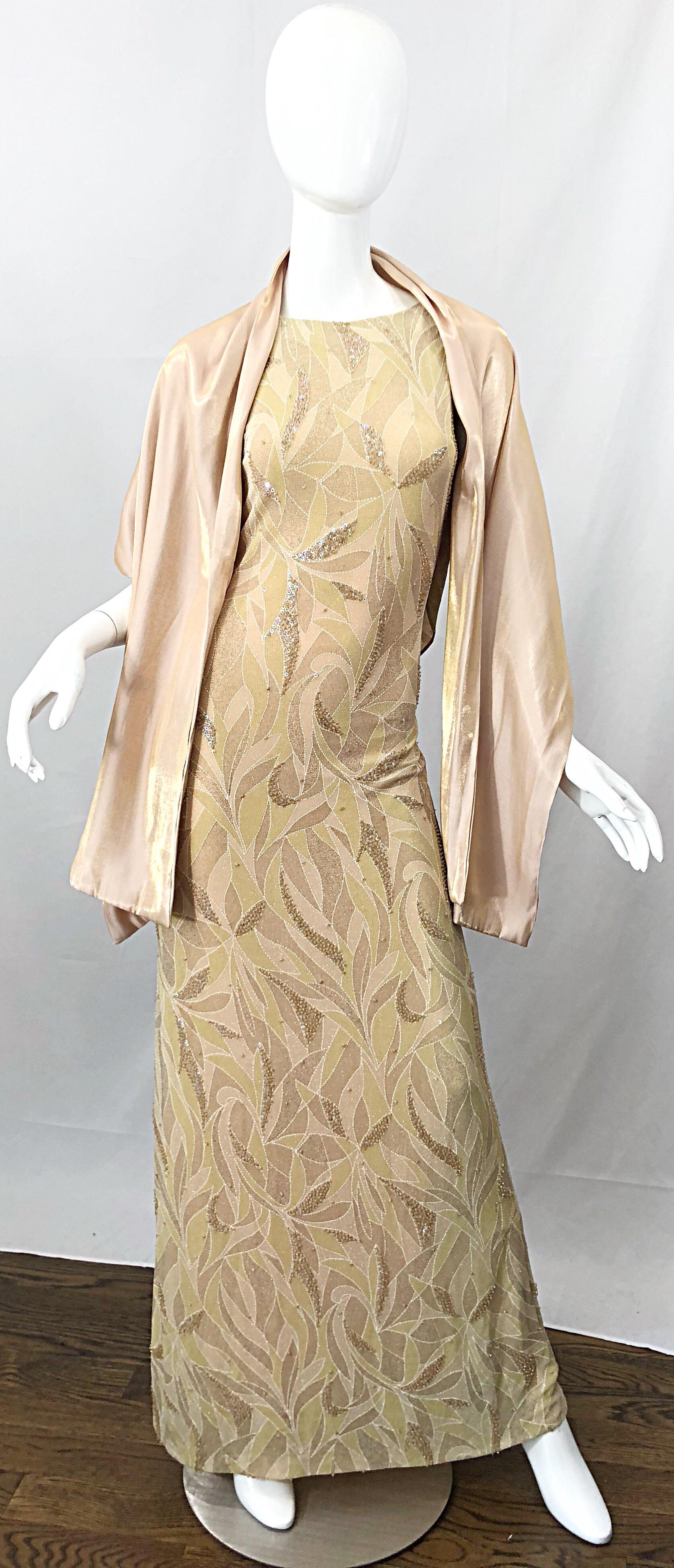 Vintage Bob Mackie Size 8 / 10 Nude Gold Champagne Sequined 1990s Gown and Shawl In Excellent Condition For Sale In San Diego, CA