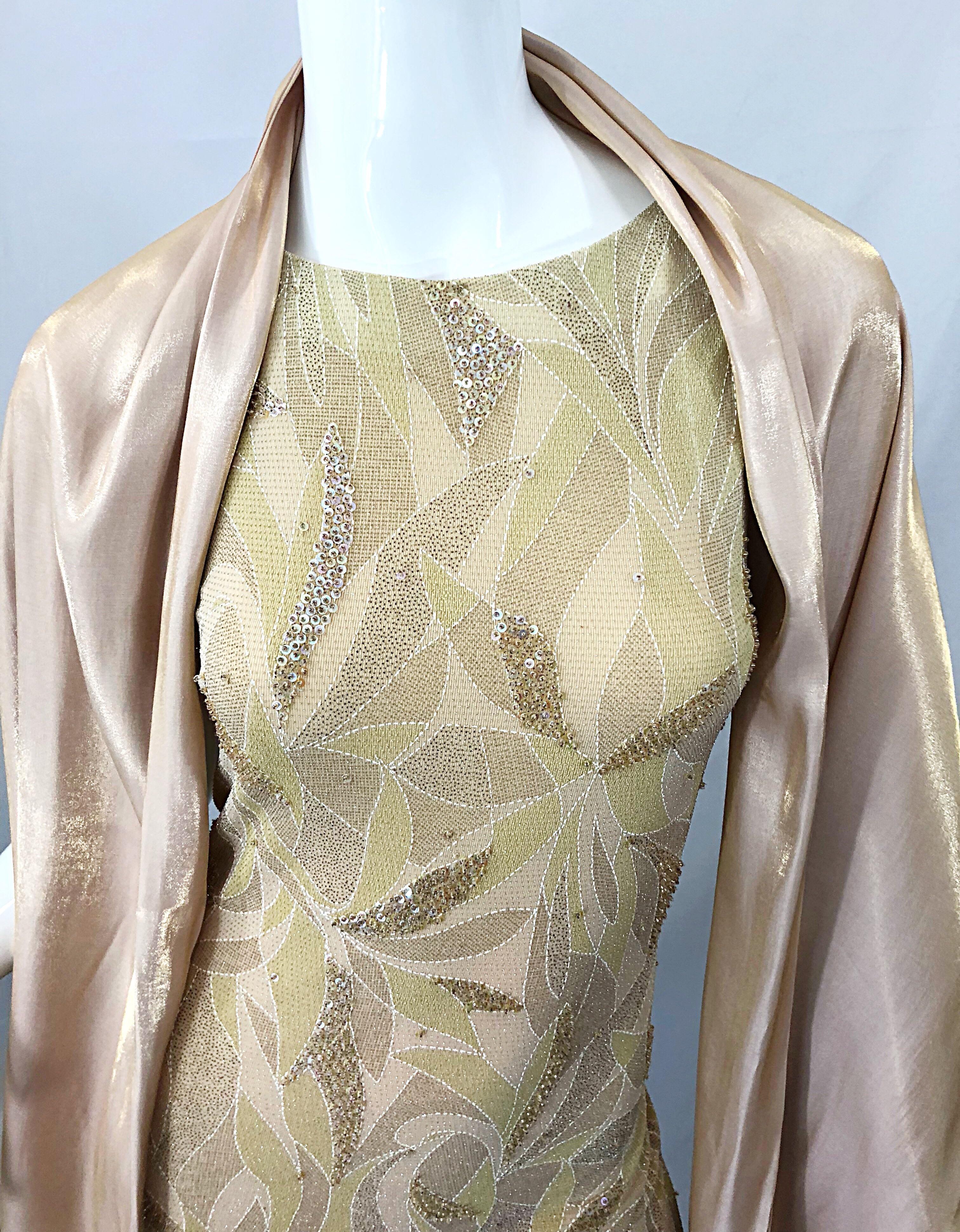 Women's Vintage Bob Mackie Size 8 / 10 Nude Gold Champagne Sequined 1990s Gown and Shawl For Sale