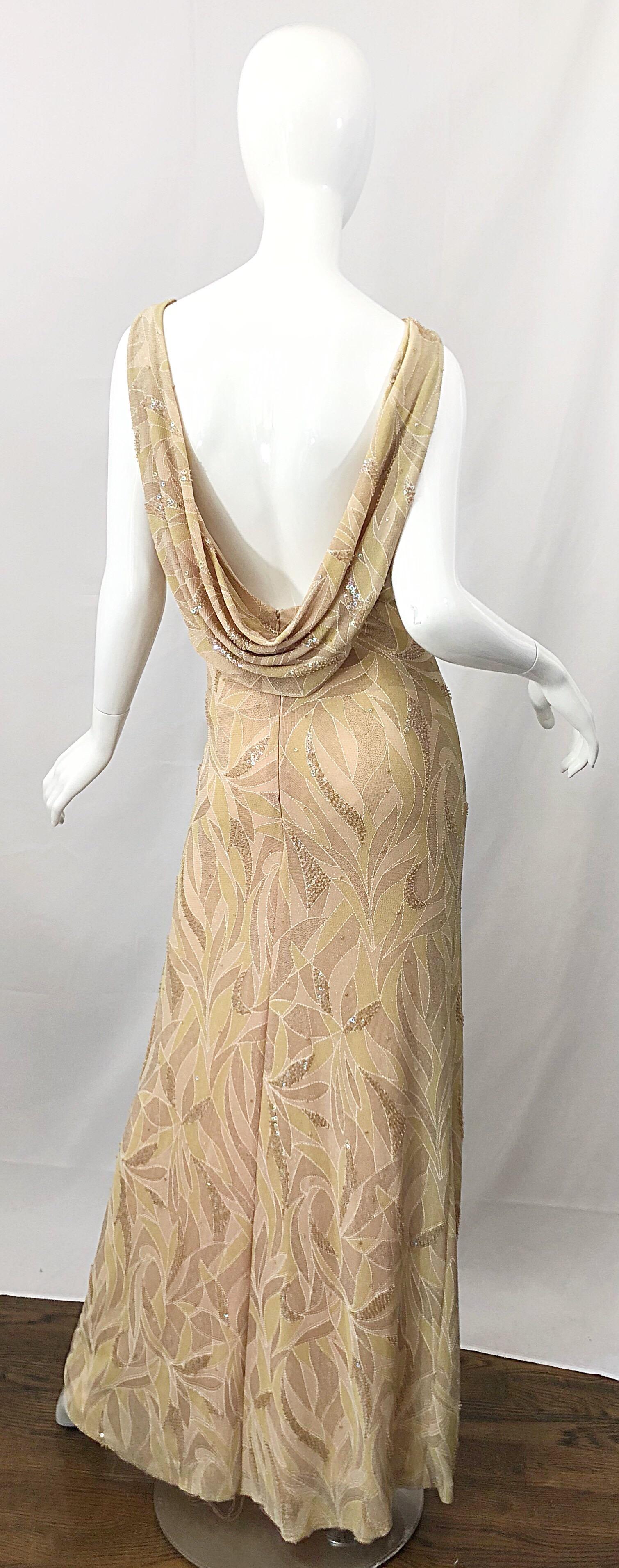 Vintage Bob Mackie Size 8 / 10 Nude Gold Champagne Sequined 1990s Gown and Shawl For Sale 1