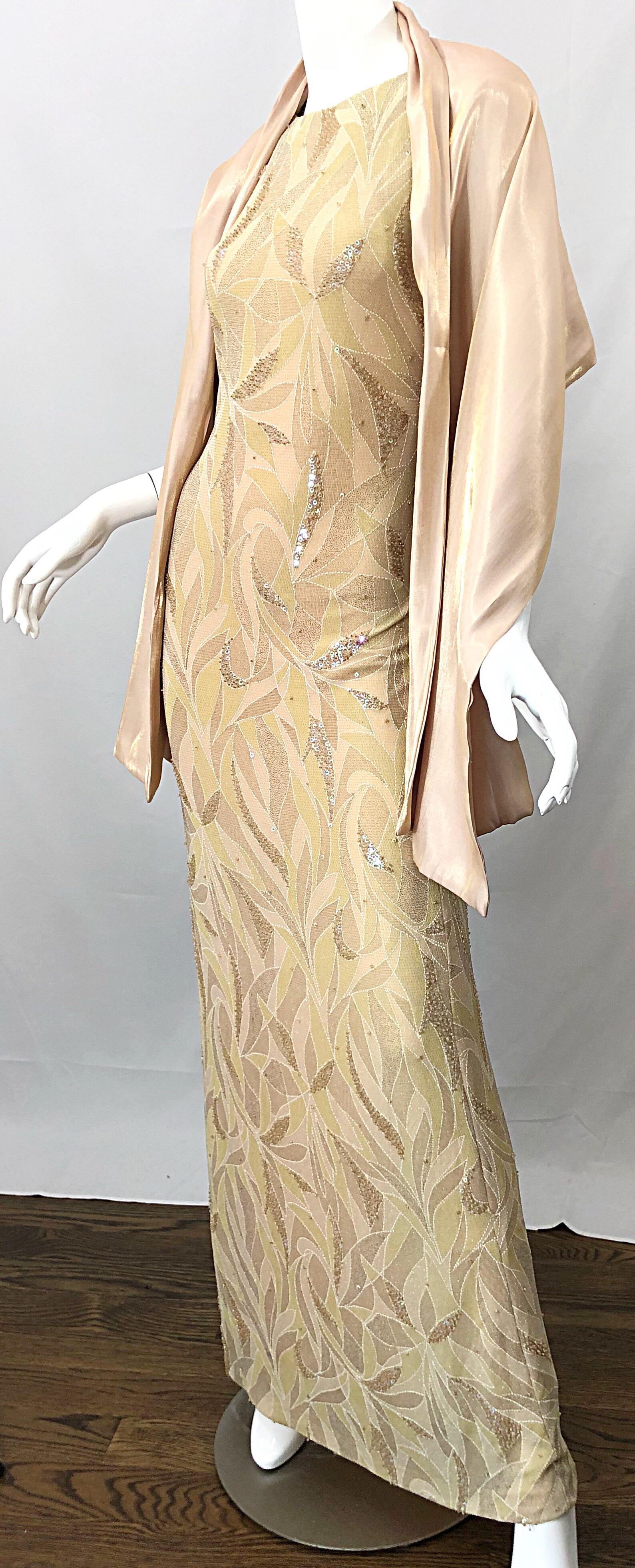 Vintage Bob Mackie Size 8 / 10 Nude Gold Champagne Sequined 1990s Gown and Shawl For Sale 3
