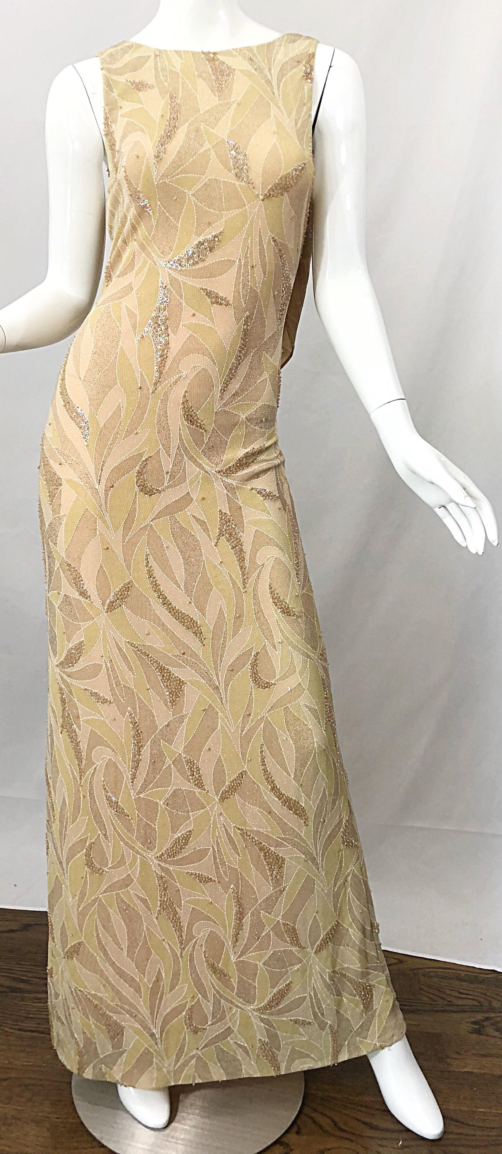 Vintage Bob Mackie Size 8 / 10 Nude Gold Champagne Sequined 1990s Gown and Shawl For Sale 4