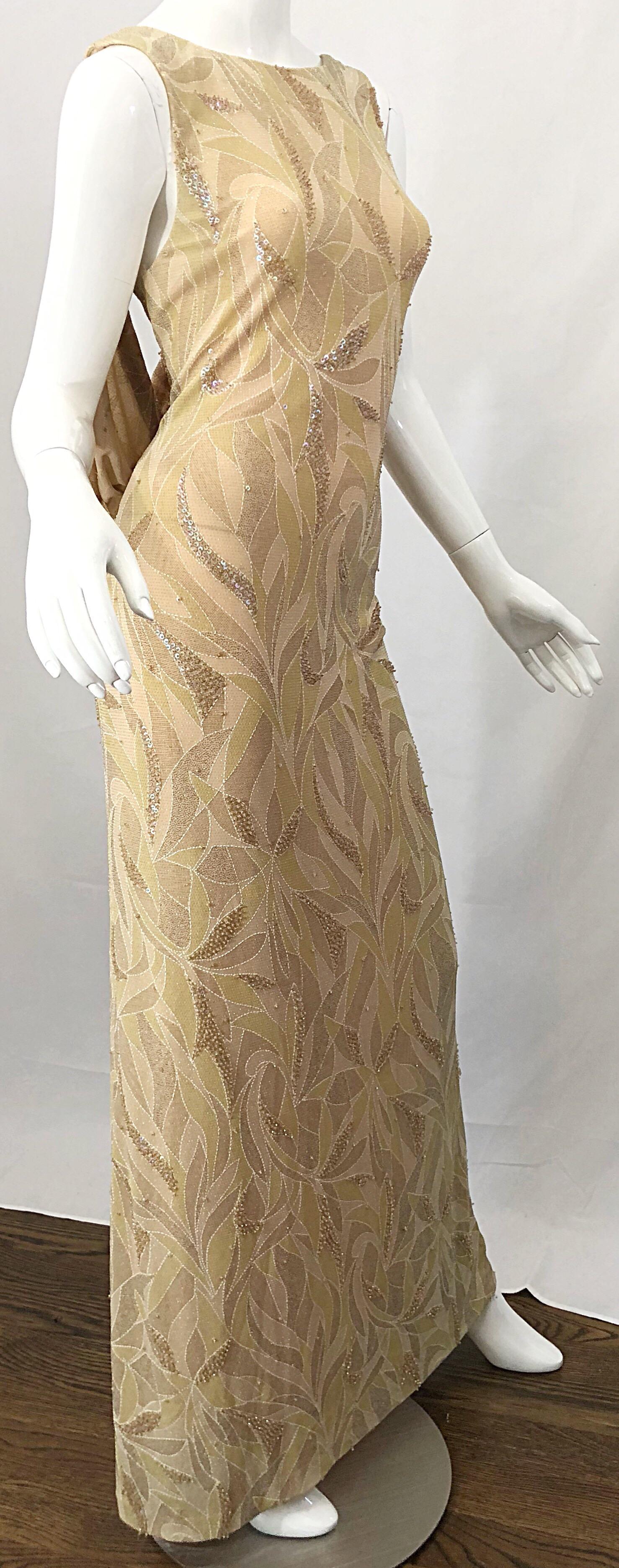Vintage Bob Mackie Size 8 / 10 Nude Gold Champagne Sequined 1990s Gown and Shawl For Sale 5