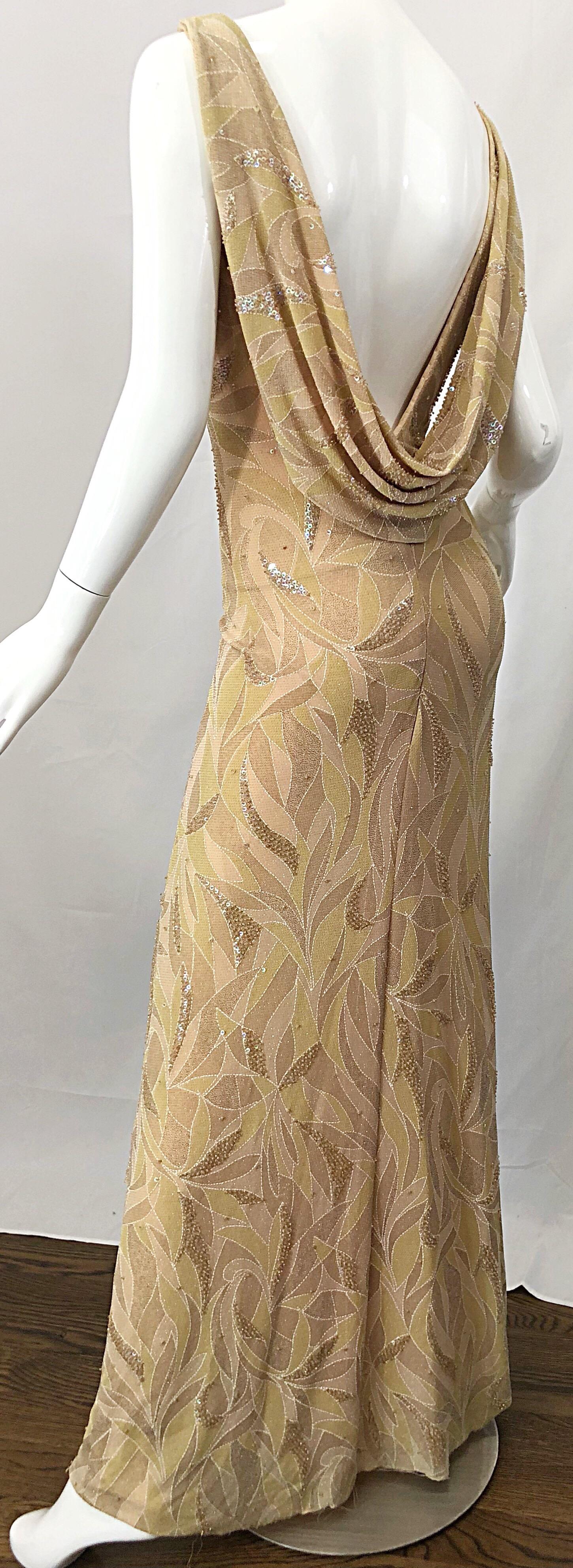 Vintage Bob Mackie Size 8 / 10 Nude Gold Champagne Sequined 1990s Gown and Shawl For Sale 6