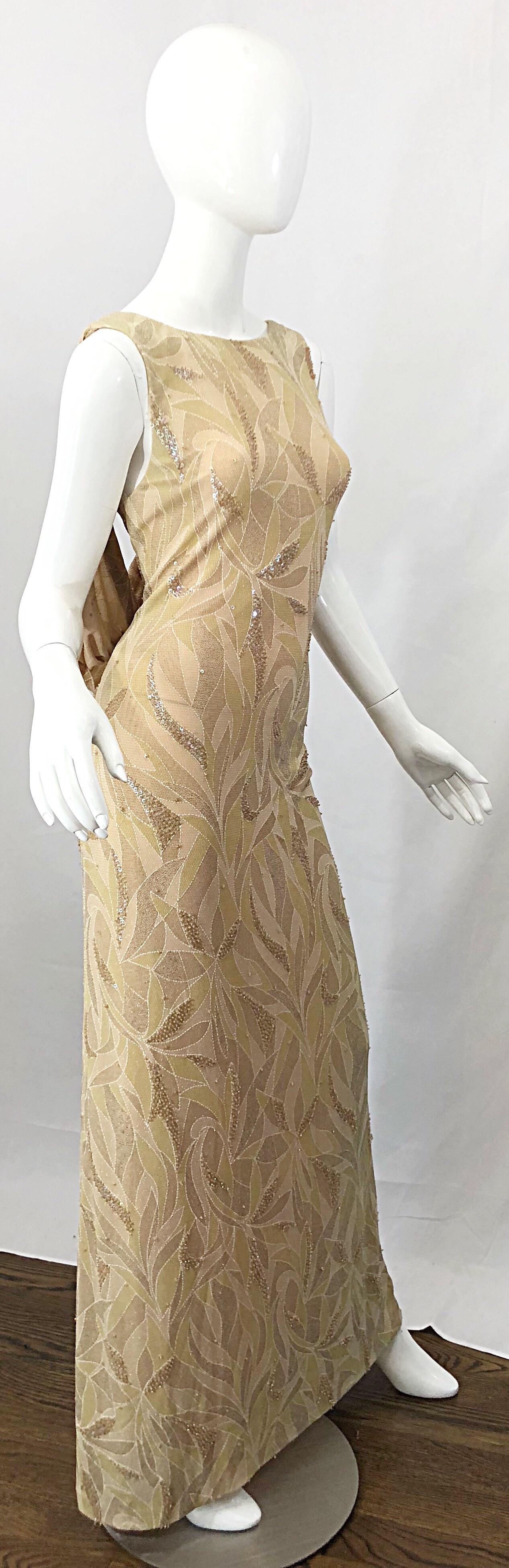 Vintage Bob Mackie Size 8 / 10 Nude Gold Champagne Sequined 1990s Gown and Shawl For Sale 7