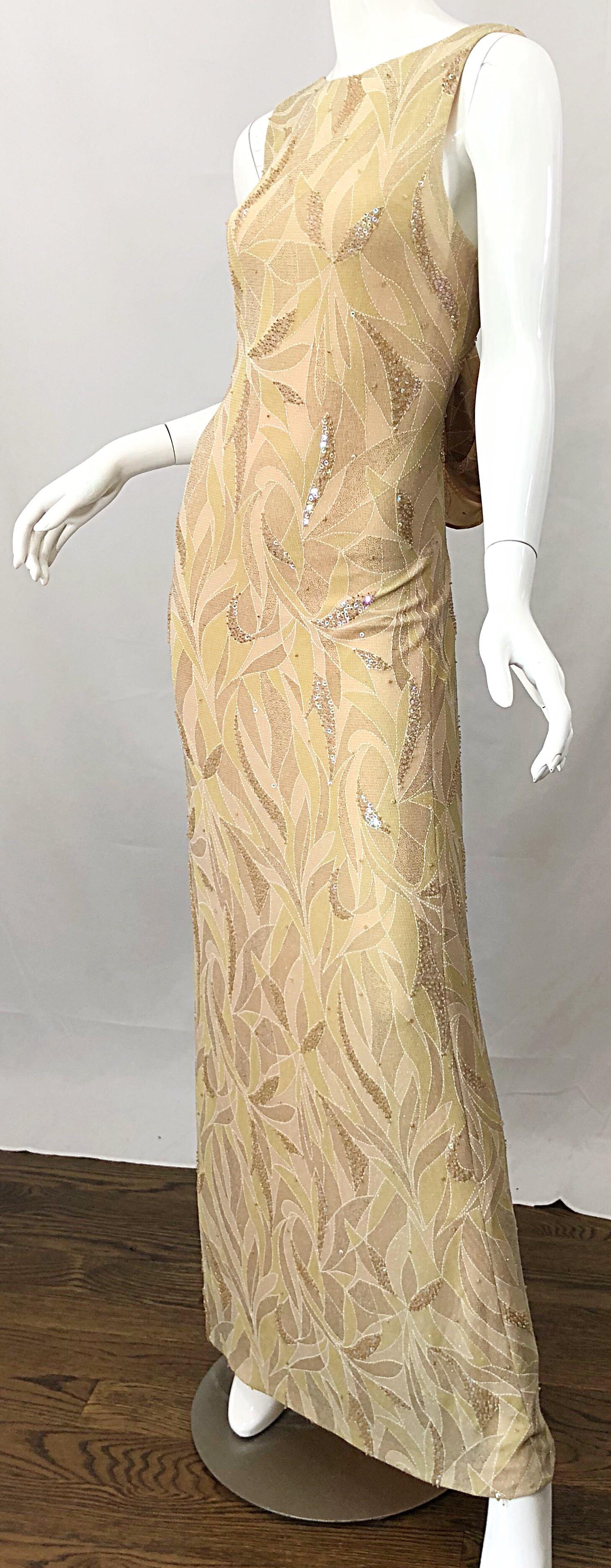 Vintage Bob Mackie Size 8 / 10 Nude Gold Champagne Sequined 1990s Gown and Shawl For Sale 8
