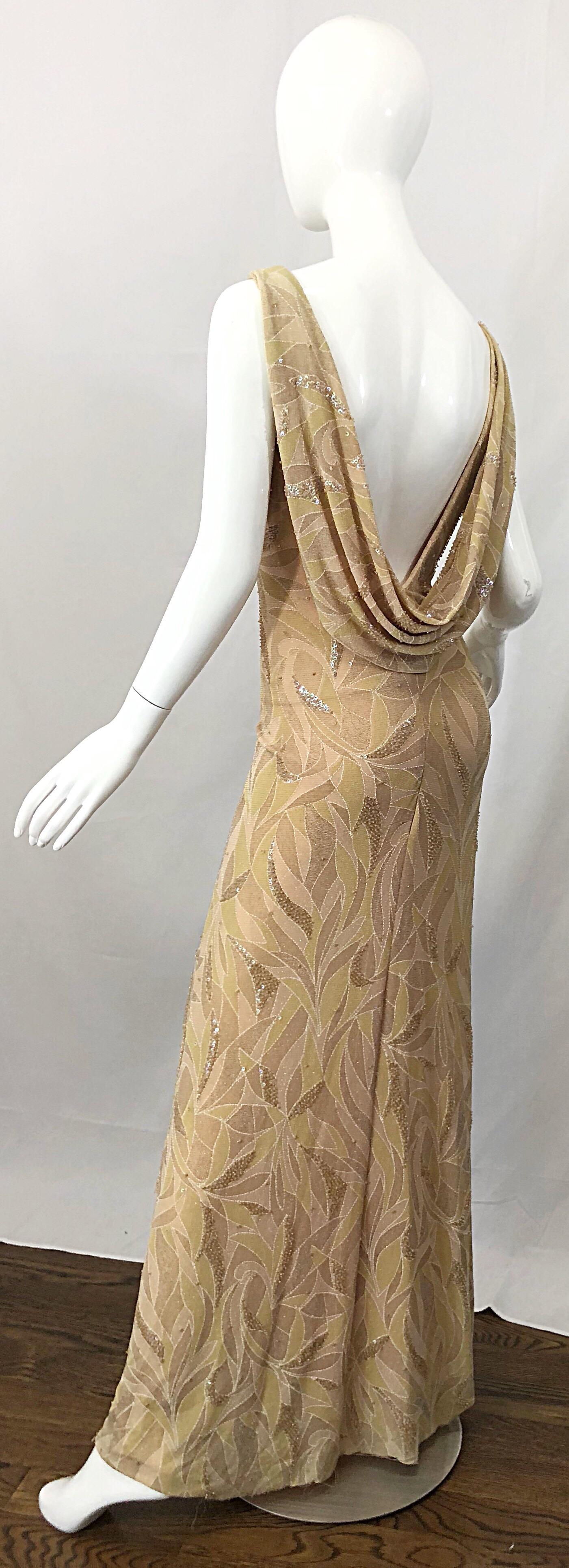 Vintage Bob Mackie Size 8 / 10 Nude Gold Champagne Sequined 1990s Gown and Shawl For Sale 9