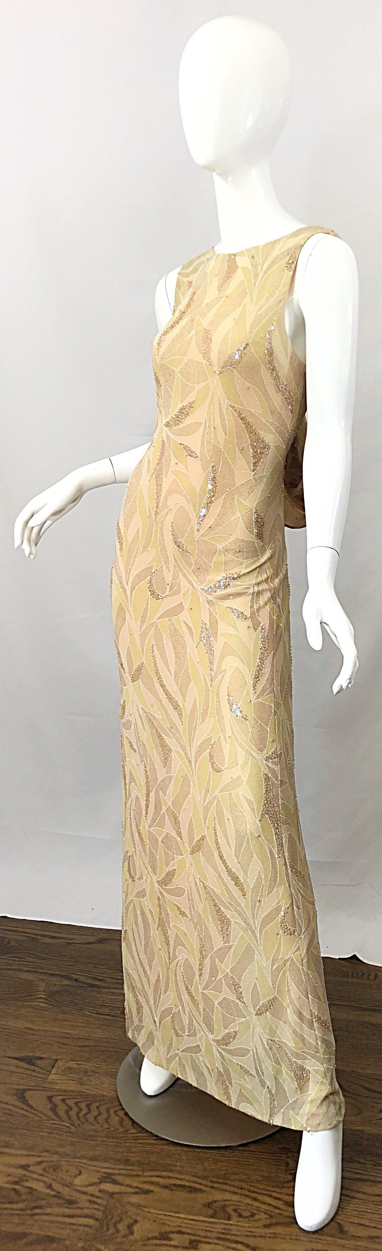 Vintage Bob Mackie Size 8 / 10 Nude Gold Champagne Sequined 1990s Gown and Shawl For Sale 10
