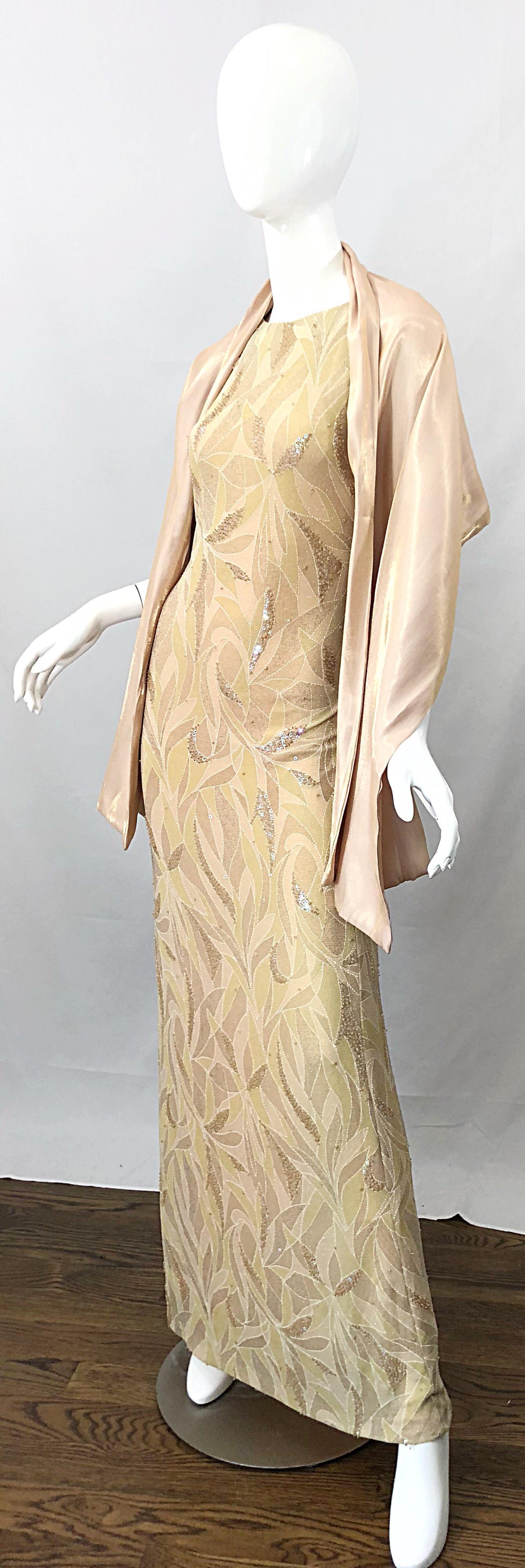 Vintage Bob Mackie Size 8 / 10 Nude Gold Champagne Sequined 1990s Gown and Shawl For Sale 11