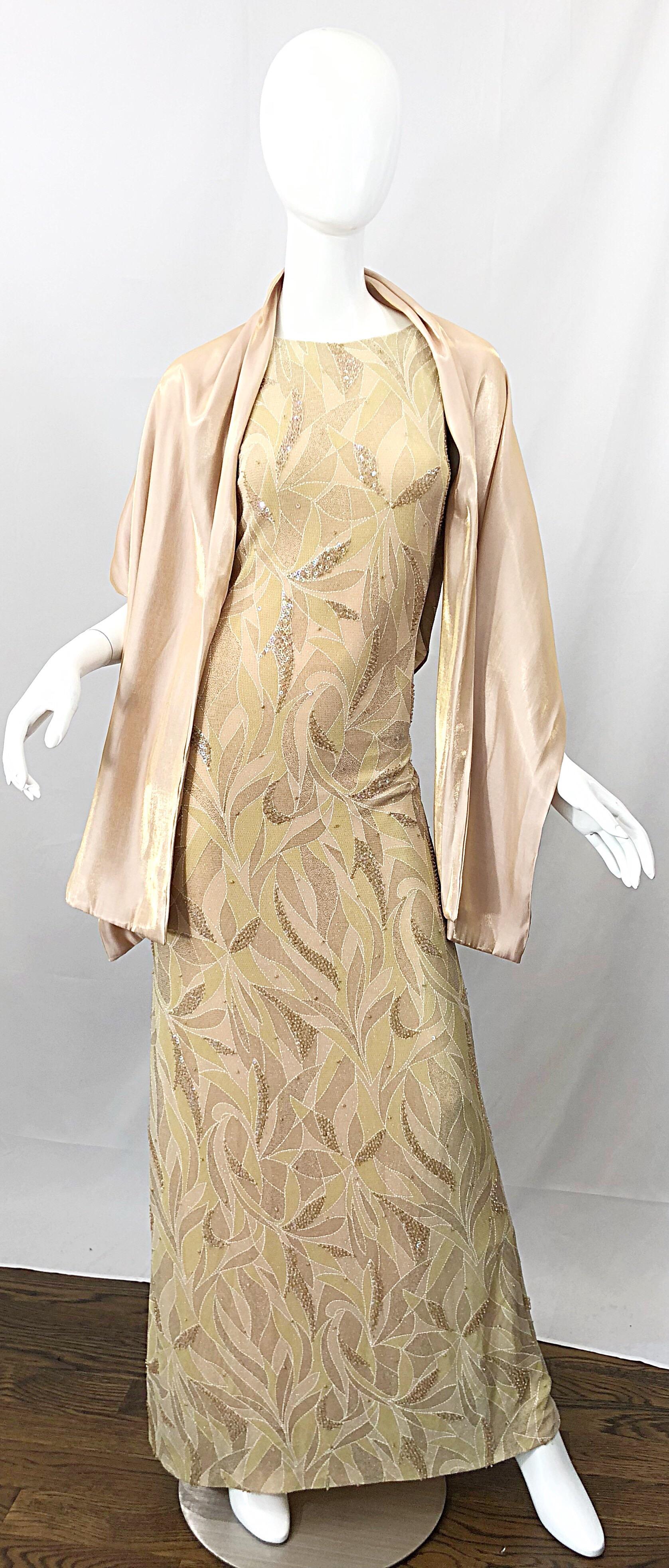Vintage Bob Mackie Size 8 / 10 Nude Gold Champagne Sequined 1990s Gown and Shawl For Sale 13