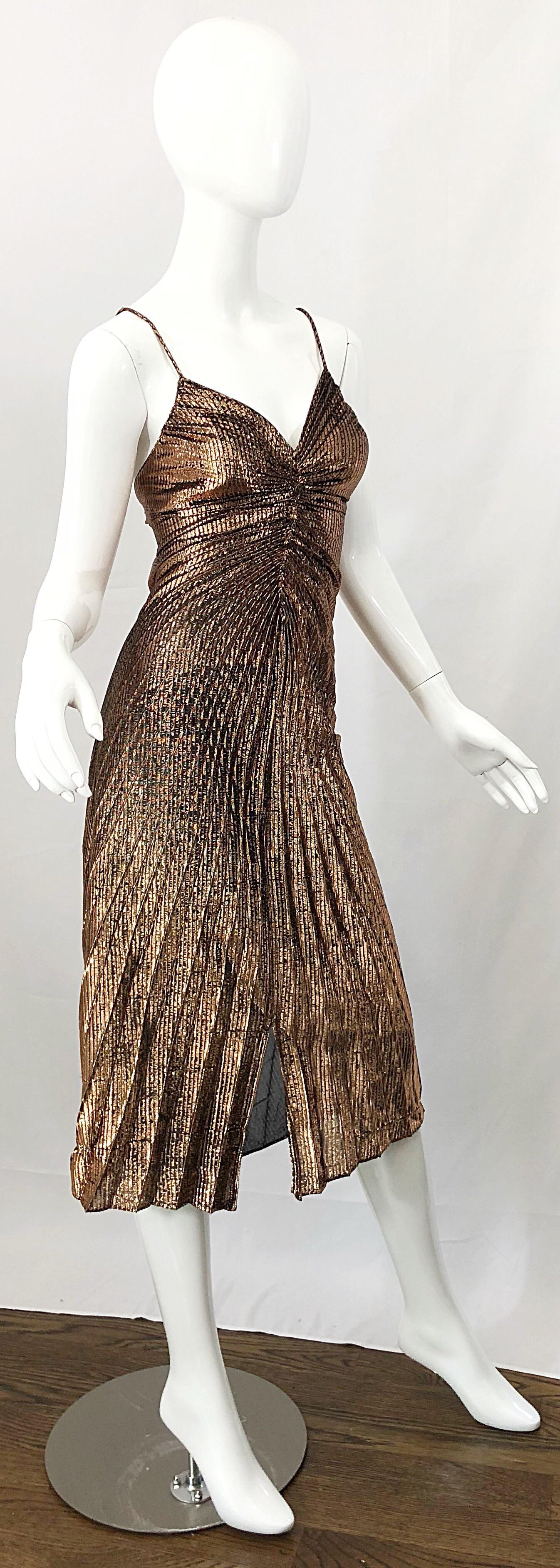 Brown 1970s Samir Sexy Golden Bronze Pleated Disco Studio 54 Slinky Vintage 70s Dress