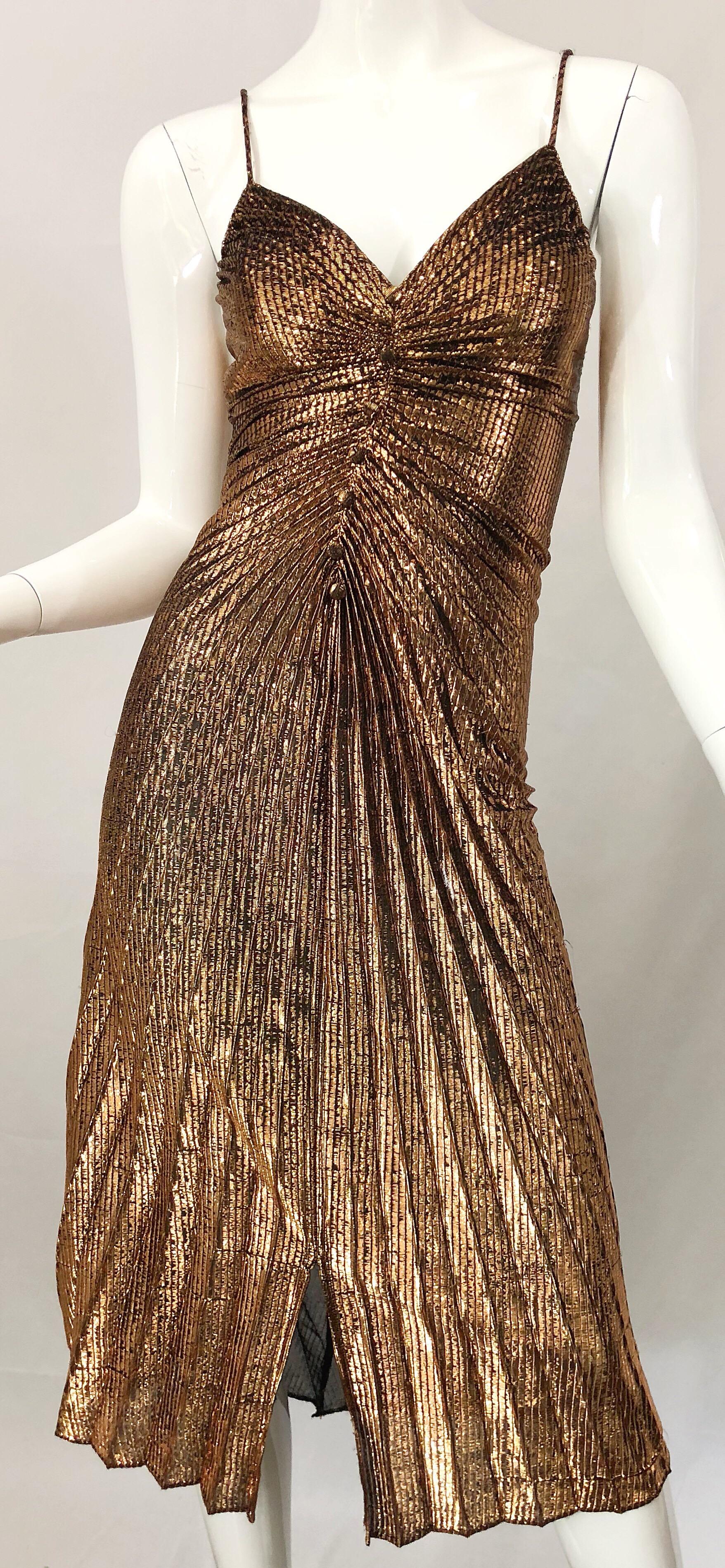 Women's 1970s Samir Sexy Golden Bronze Pleated Disco Studio 54 Slinky Vintage 70s Dress