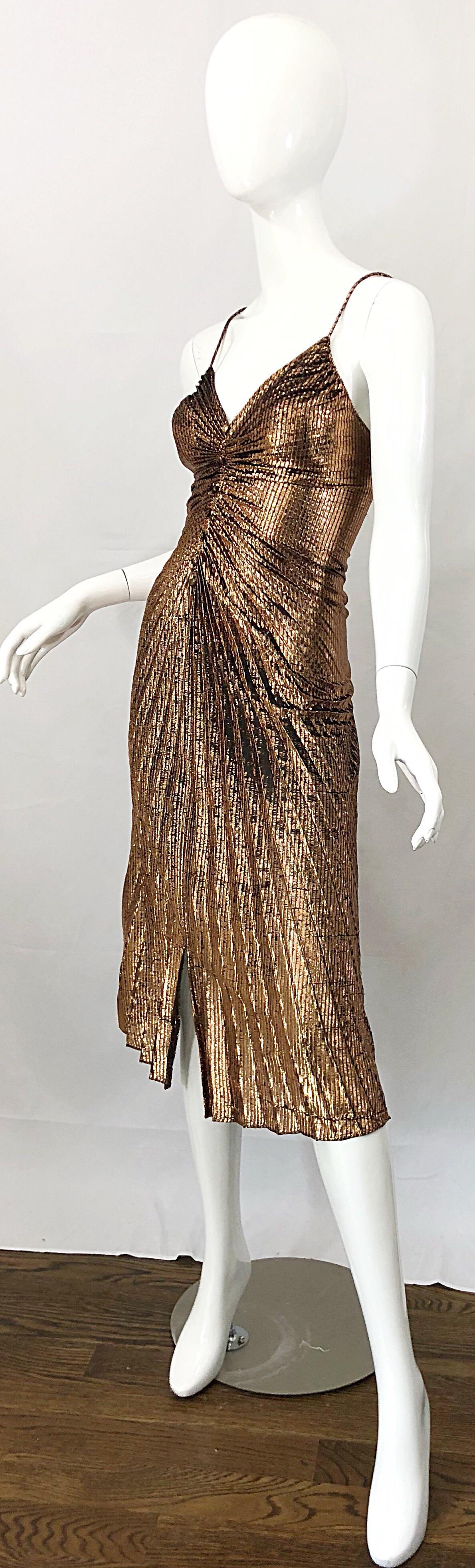 1970s Samir Sexy Golden Bronze Pleated Disco Studio 54 Slinky Vintage 70s Dress 1