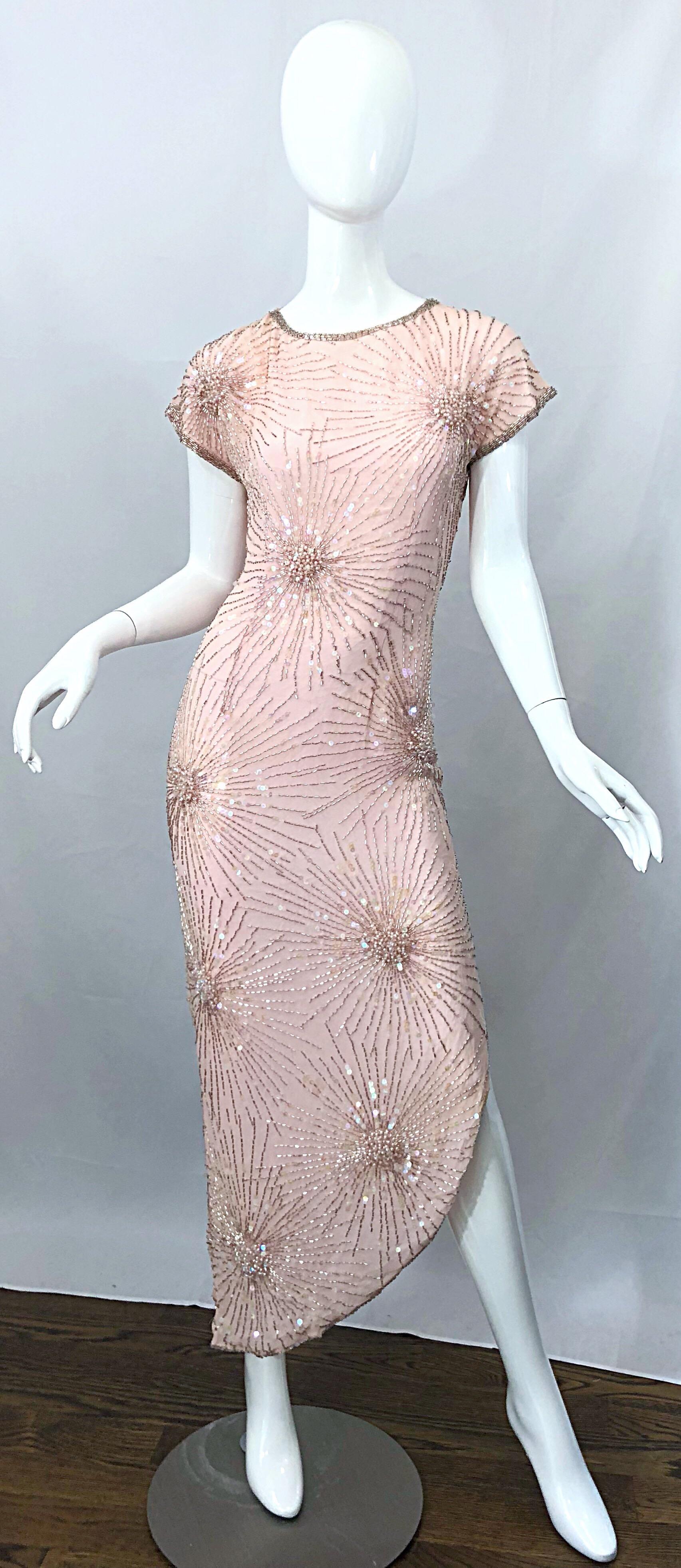 Gorgeous LILLIE RUBIN light pale pink silk chiffon beaded, sequined and pearl encrusted asymmetrical gown! Though no Halston, the Lillie Rubin boutique in Beverly Hills carried his pieces, and this is a dead ringer for his infamous 'fireworks'