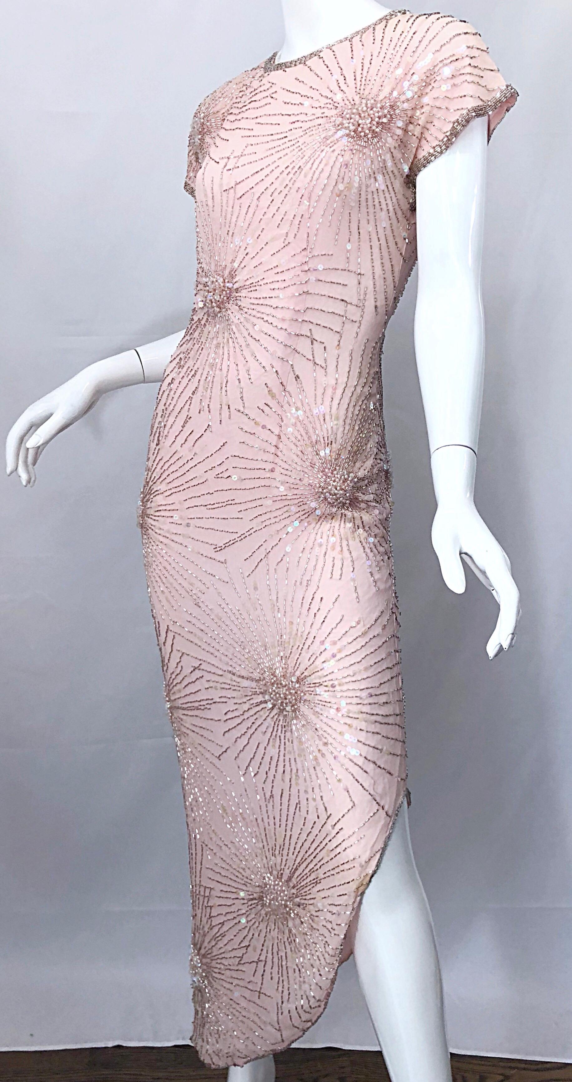 Gray Vintage 70s Lillie Rubin Firework Pale Pink Silk Bead Sequin Asymmetrical Dress