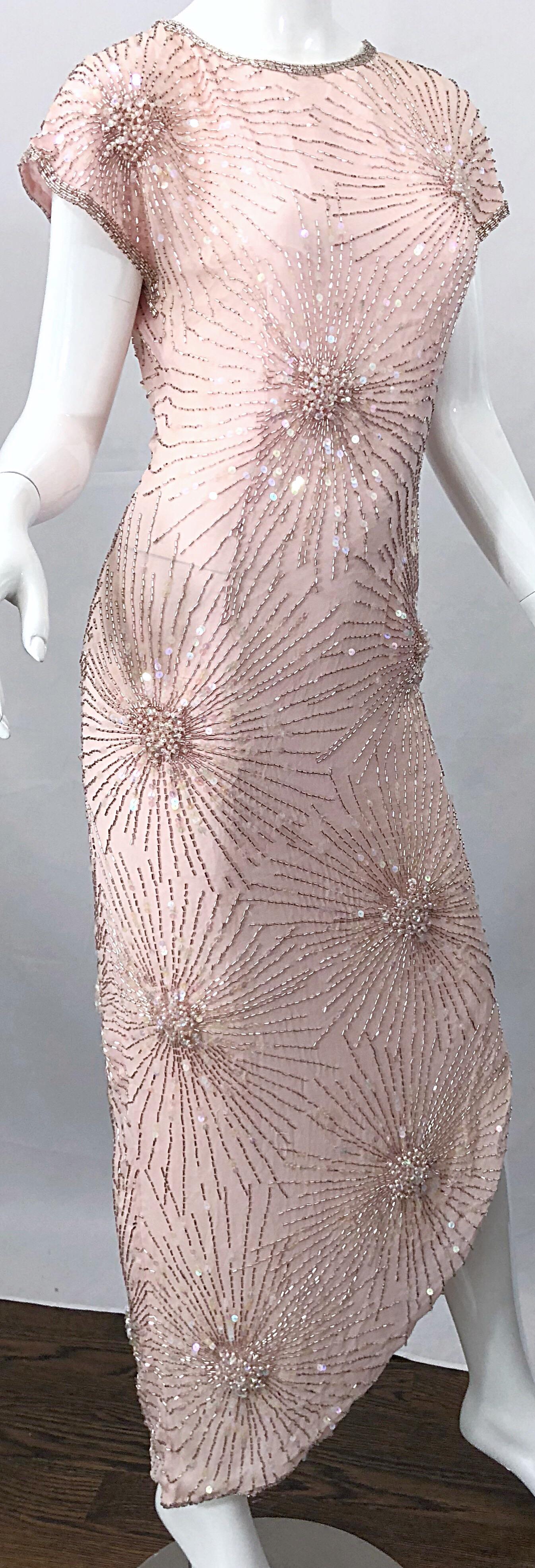 Vintage 70s Lillie Rubin Firework Pale Pink Silk Bead Sequin Asymmetrical Dress In Excellent Condition In San Diego, CA