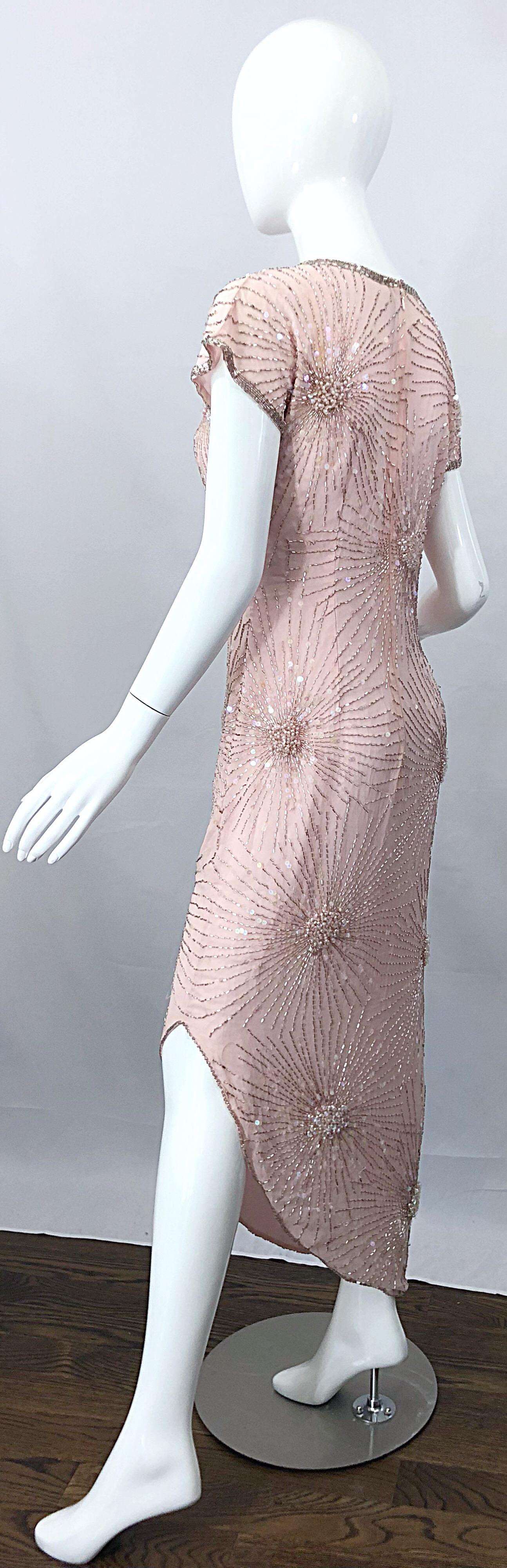 Women's Vintage 70s Lillie Rubin Firework Pale Pink Silk Bead Sequin Asymmetrical Dress