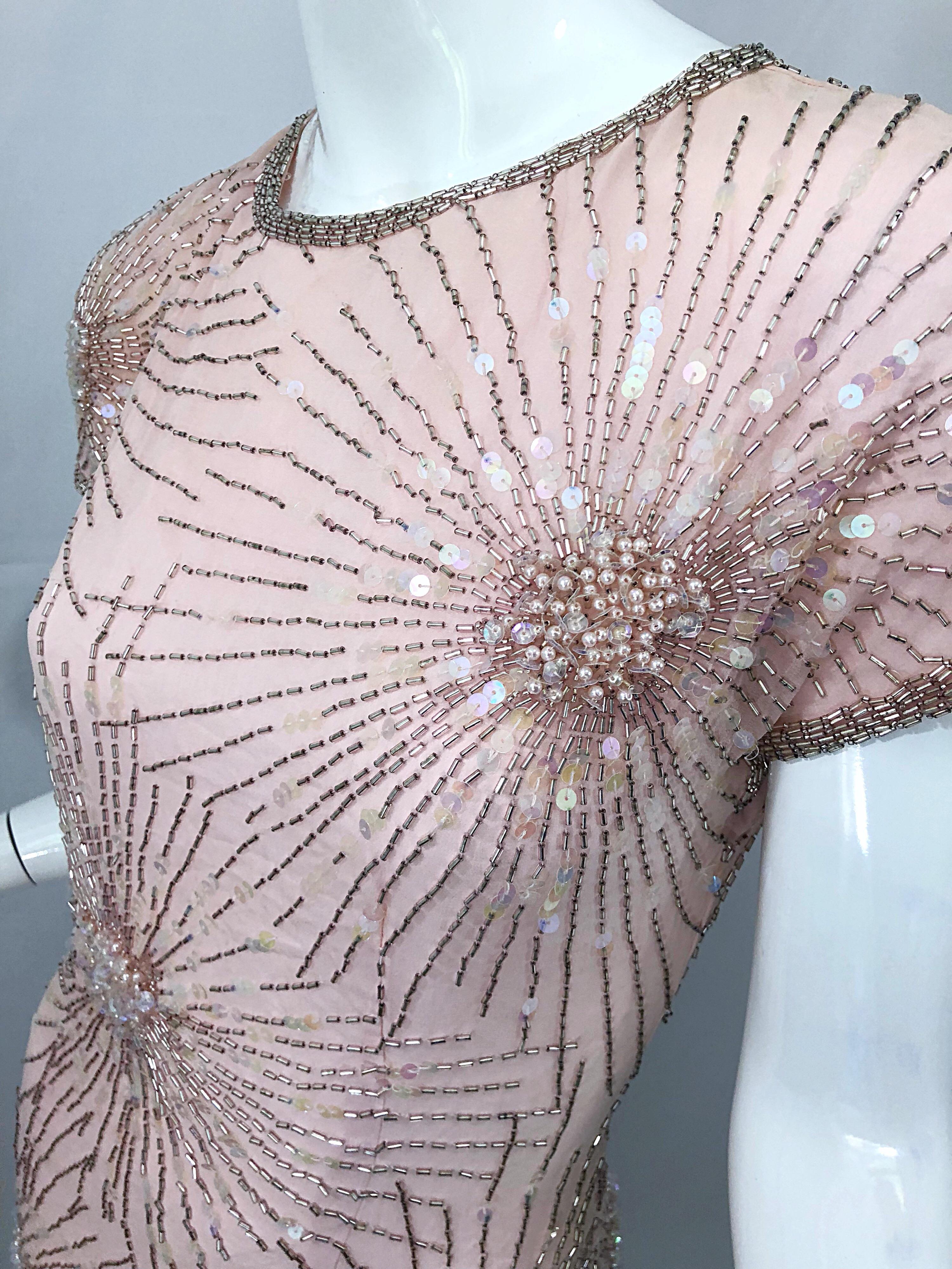 Vintage 70s Lillie Rubin Firework Pale Pink Silk Bead Sequin Asymmetrical Dress 1