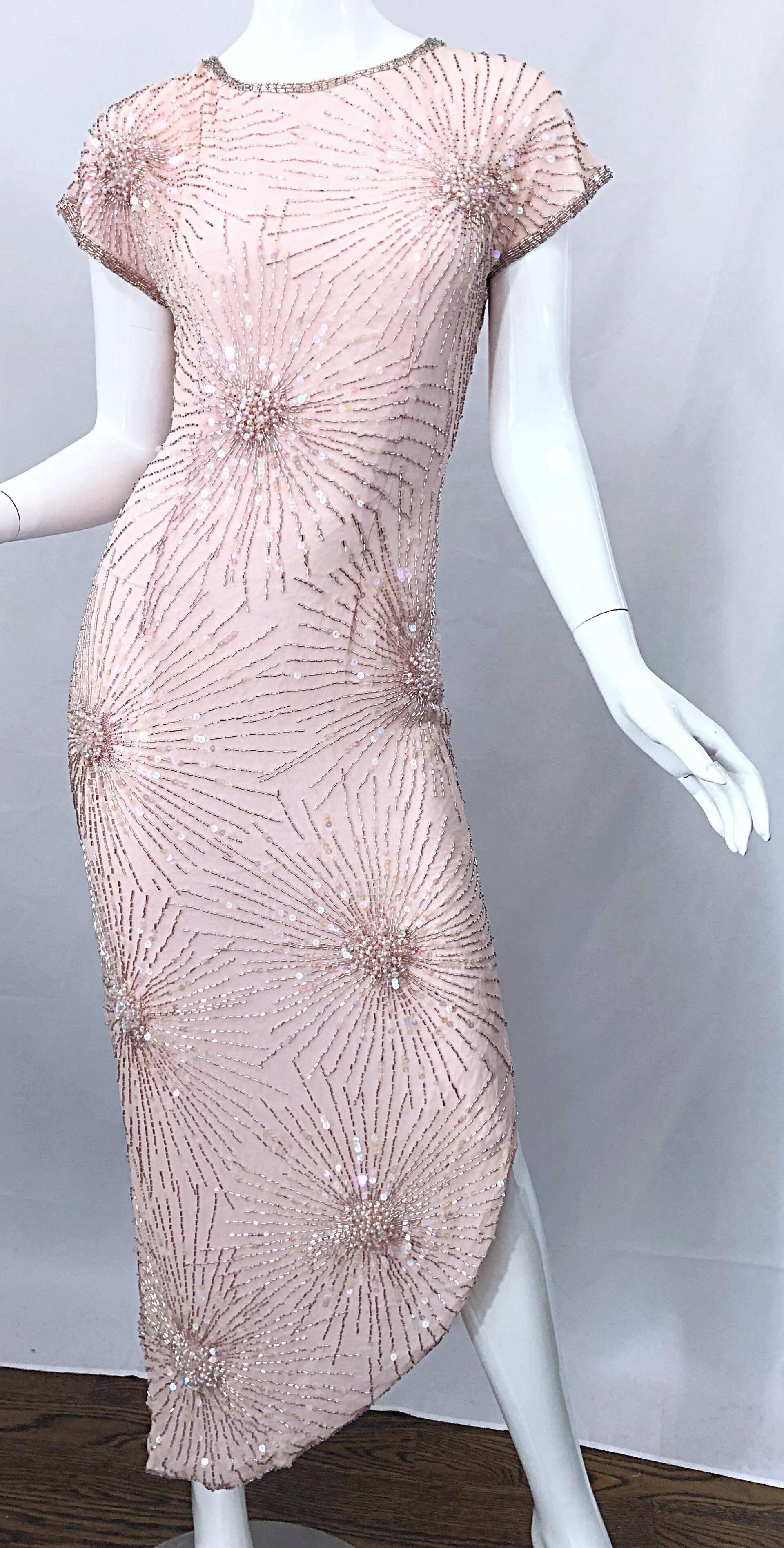 Vintage 70s Lillie Rubin Firework Pale Pink Silk Bead Sequin Asymmetrical Dress 2