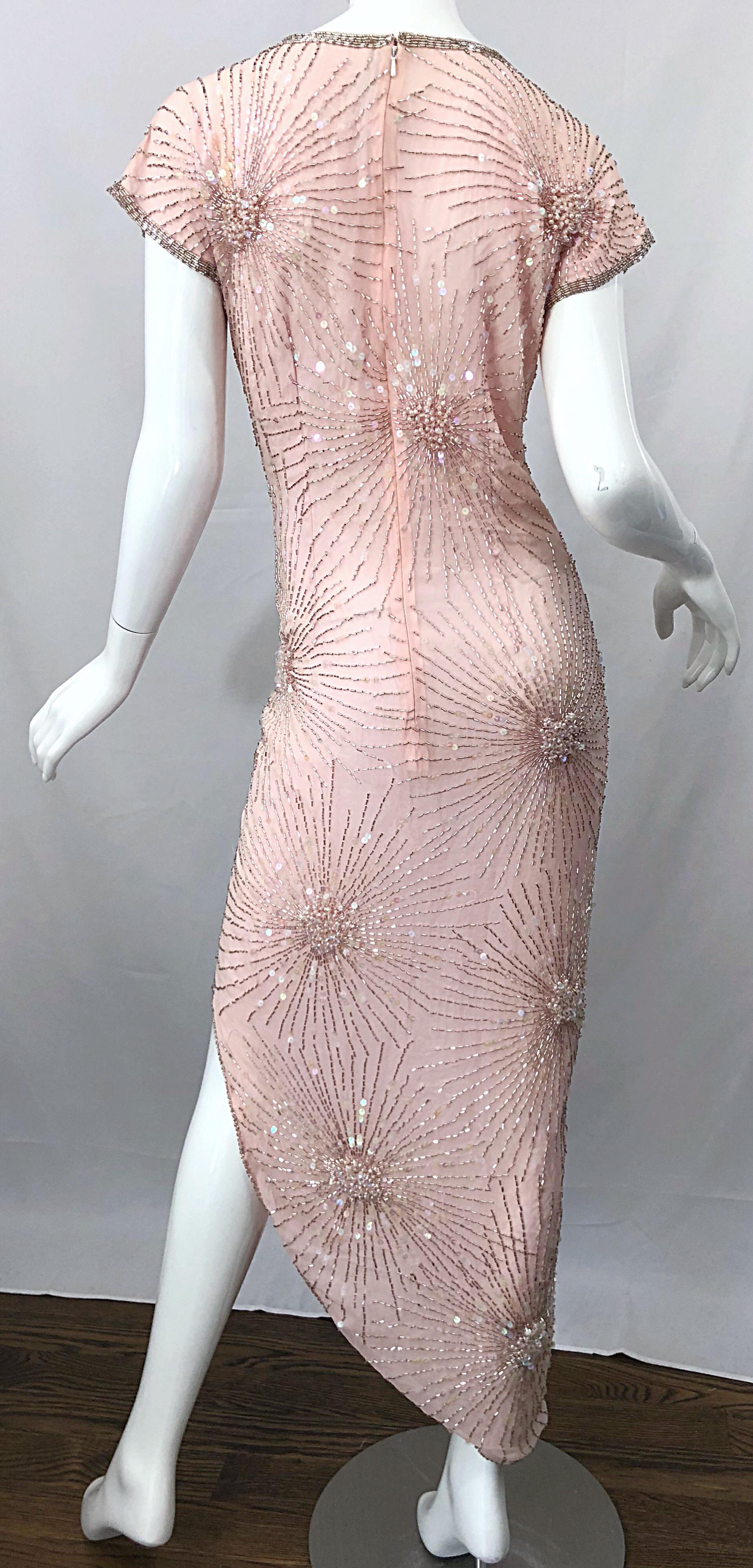 Vintage 70s Lillie Rubin Firework Pale Pink Silk Bead Sequin Asymmetrical Dress 4