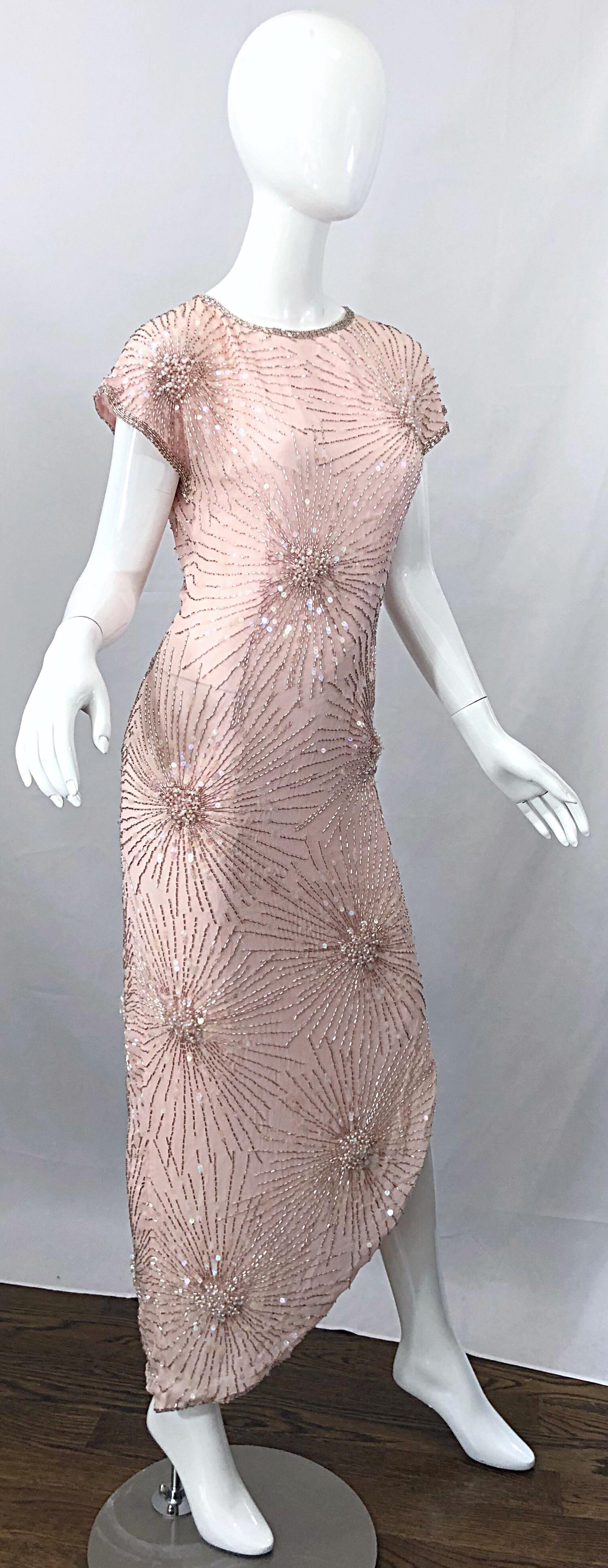 Vintage 70s Lillie Rubin Firework Pale Pink Silk Bead Sequin Asymmetrical Dress 5