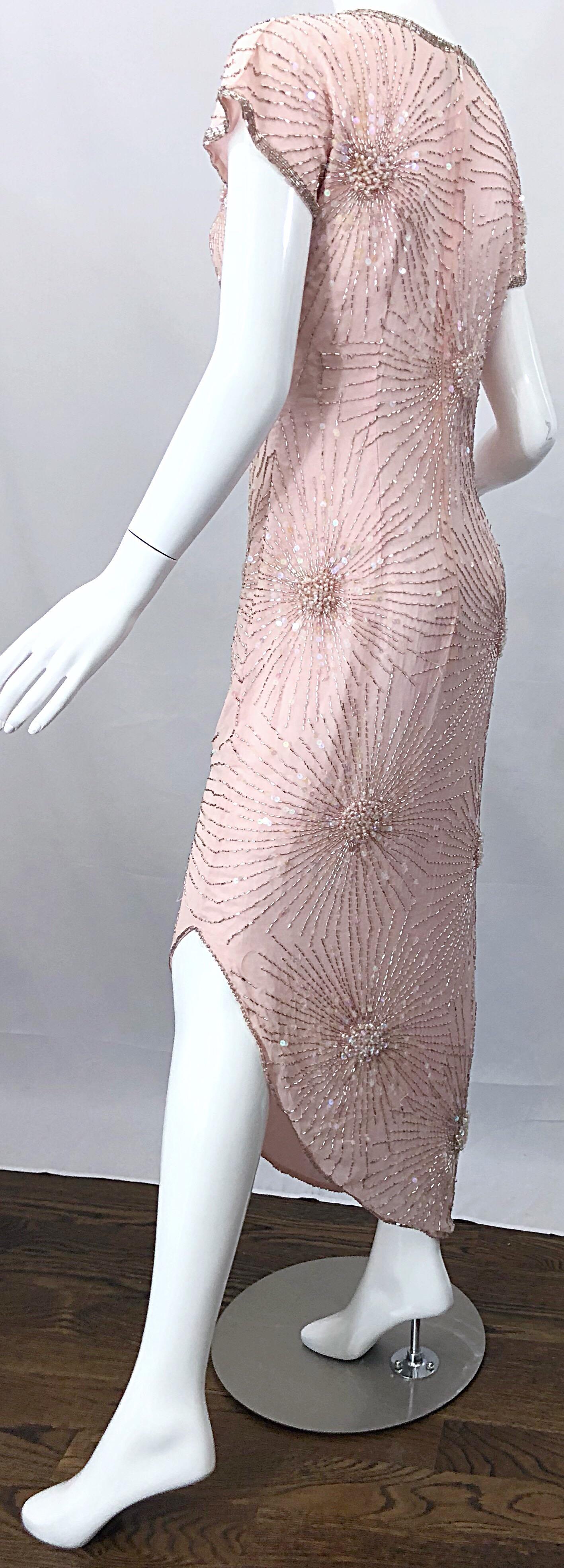 Vintage 70s Lillie Rubin Firework Pale Pink Silk Bead Sequin Asymmetrical Dress 6