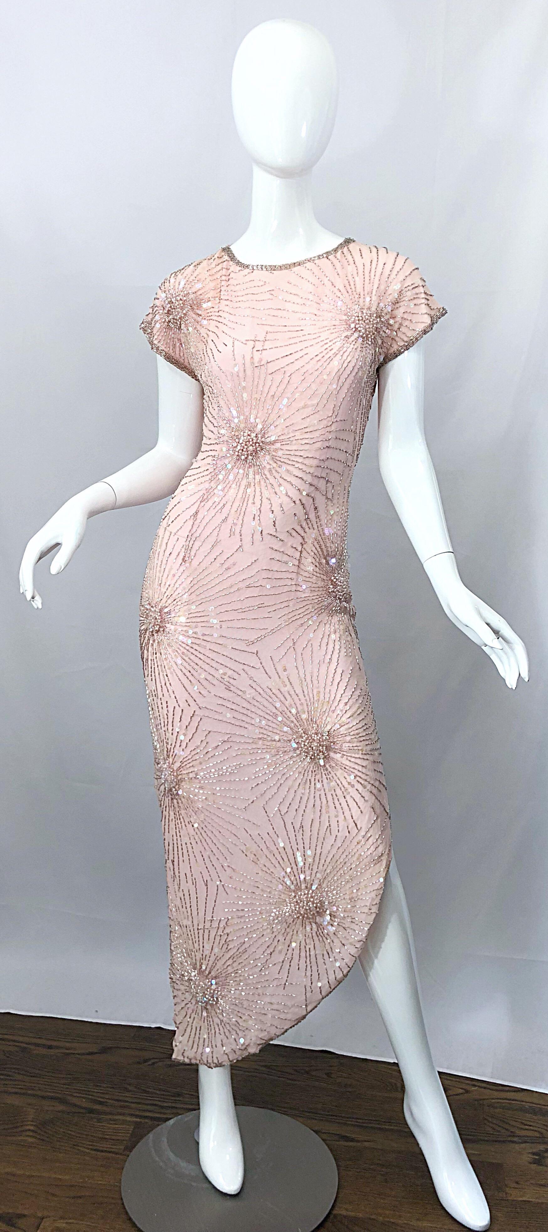 Vintage 70s Lillie Rubin Firework Pale Pink Silk Bead Sequin Asymmetrical Dress 7