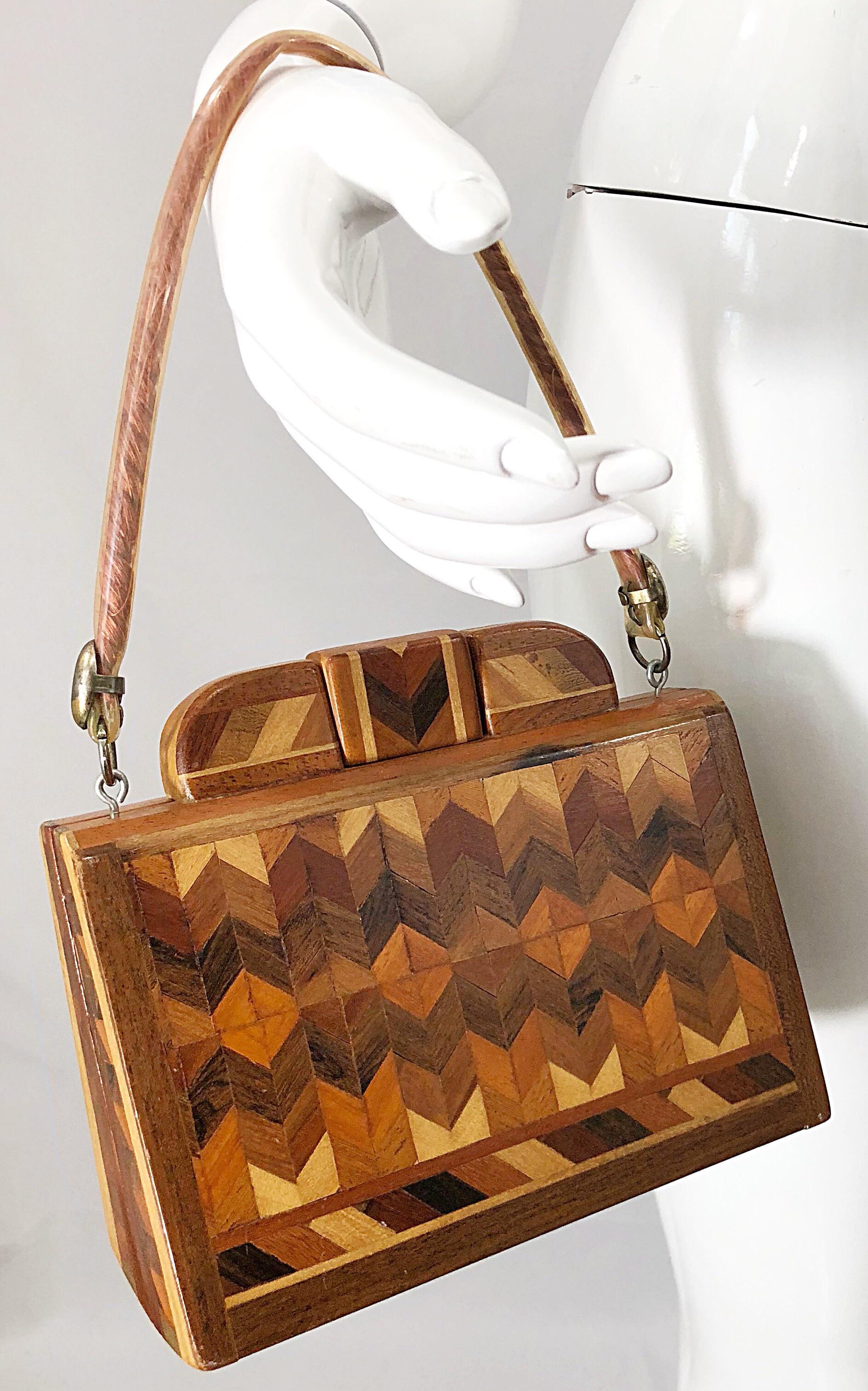 Chic 1960s Wood Patchwork Novelty Egyptian Triangular Purse Vintage 60s Hand Bag For Sale 1