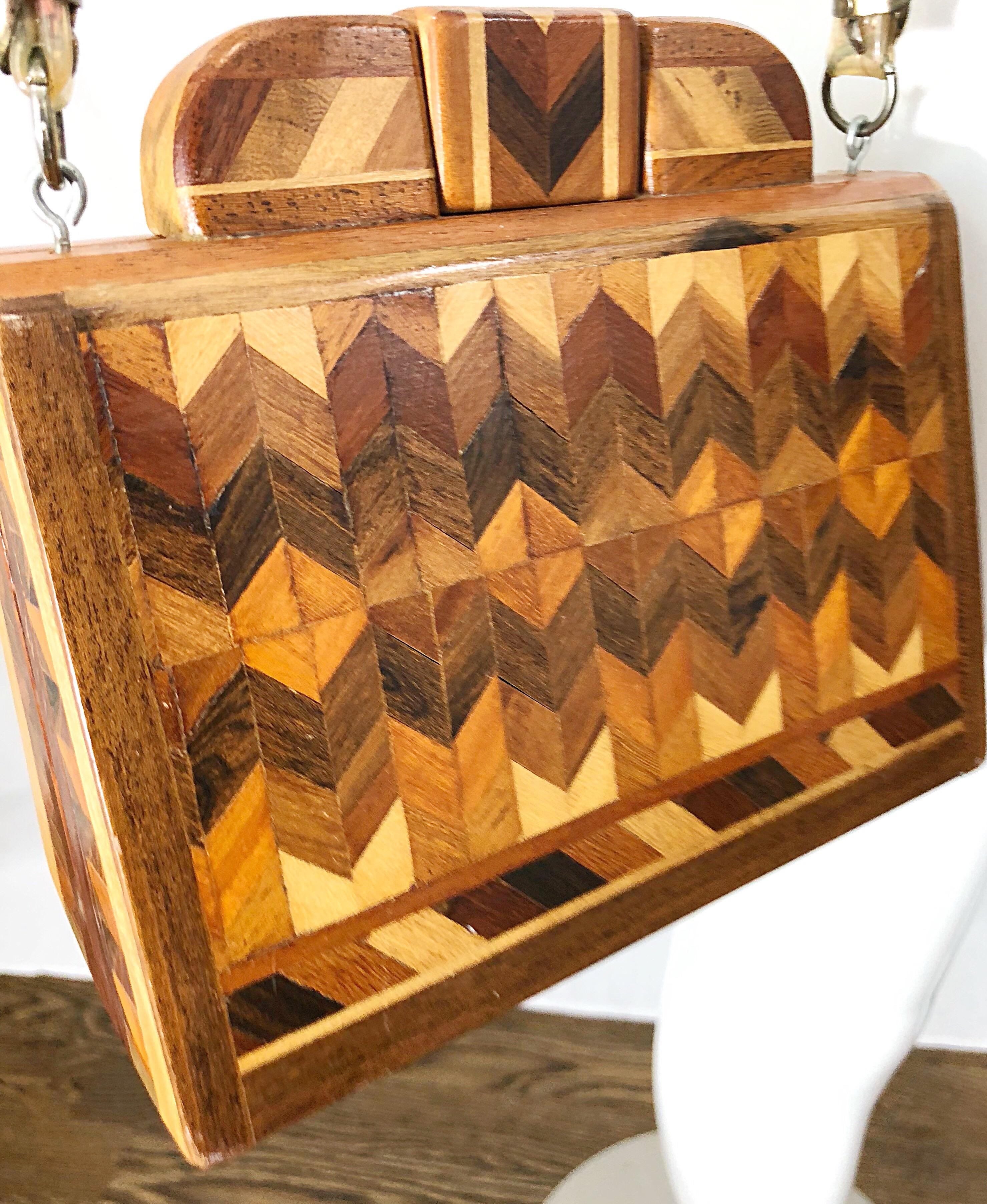 Chic 1960s Wood Patchwork Novelty Egyptian Triangular Purse Vintage 60s Hand Bag For Sale 2