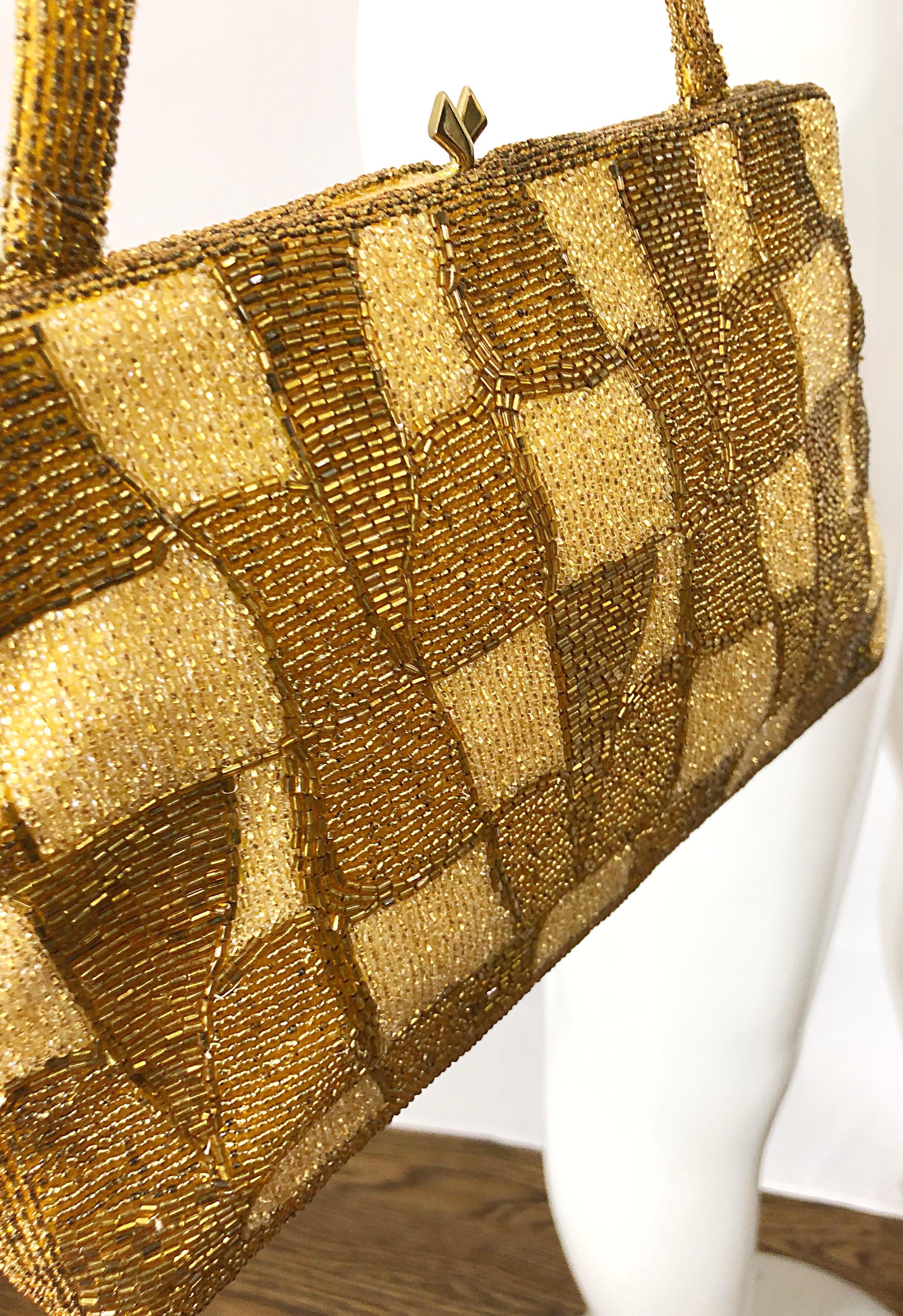 Brown New 1960s Belgium Made Hand Beaded Gold + Bronze Silk Vintage 60s Hand Bag Purse For Sale