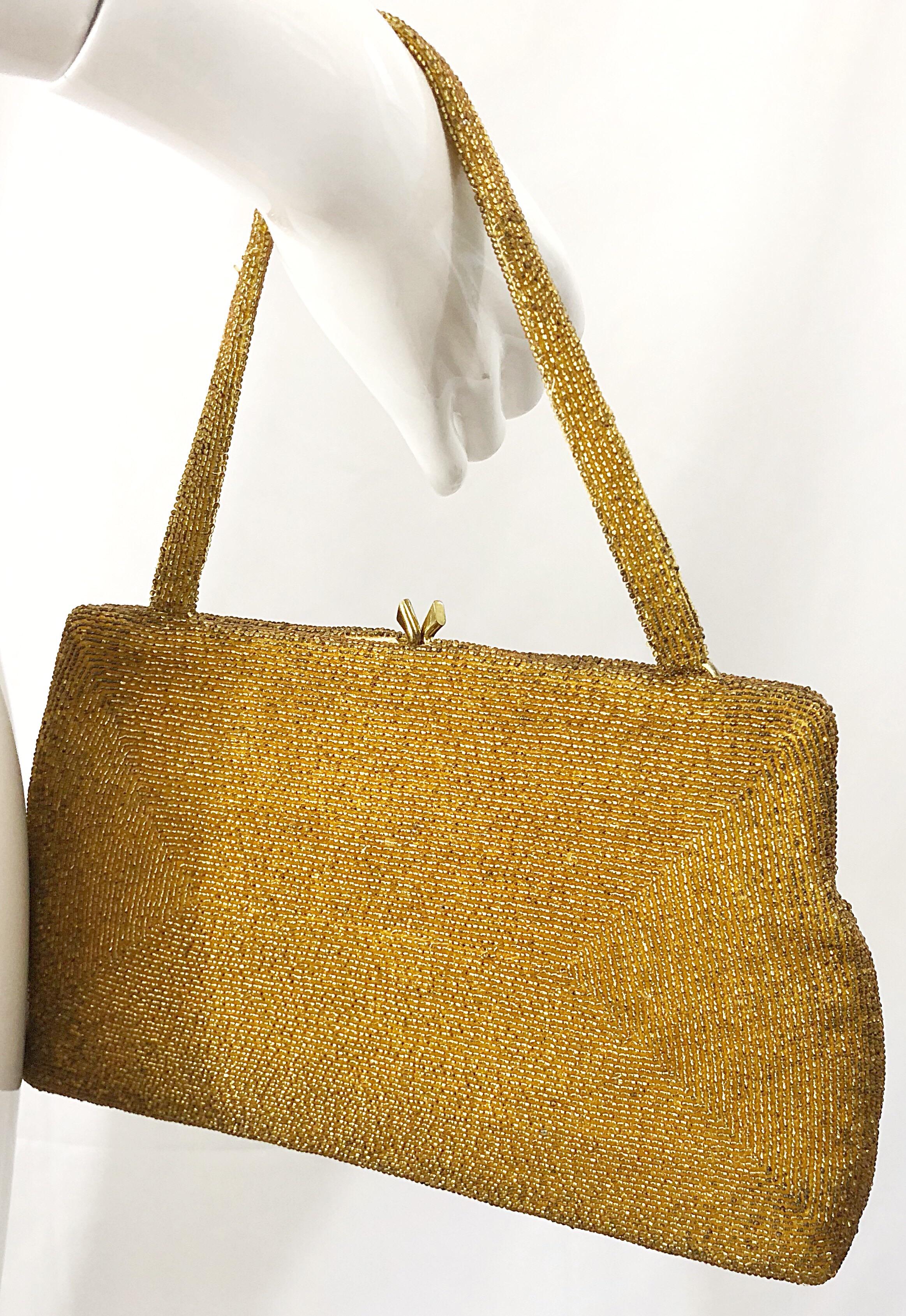 New 1960s Belgium Made Hand Beaded Gold + Bronze Silk Vintage 60s Hand Bag Purse In Excellent Condition For Sale In San Diego, CA