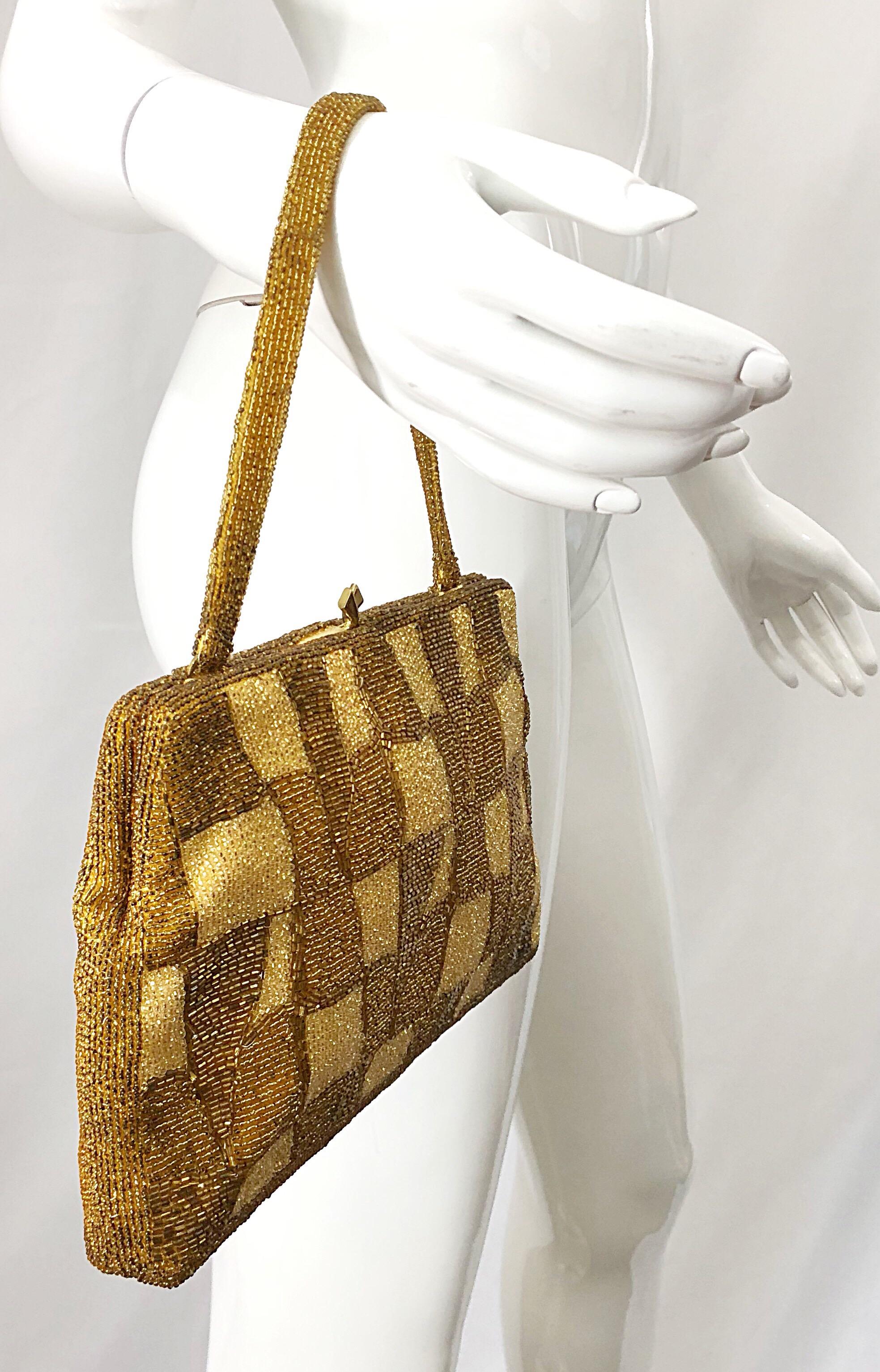 Women's New 1960s Belgium Made Hand Beaded Gold + Bronze Silk Vintage 60s Hand Bag Purse For Sale