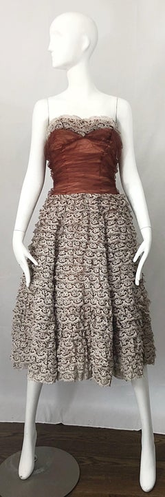Stunning 1950s Demi Couture Taupe + Terra Cotta Vintage 50s Strapless Lace Dress