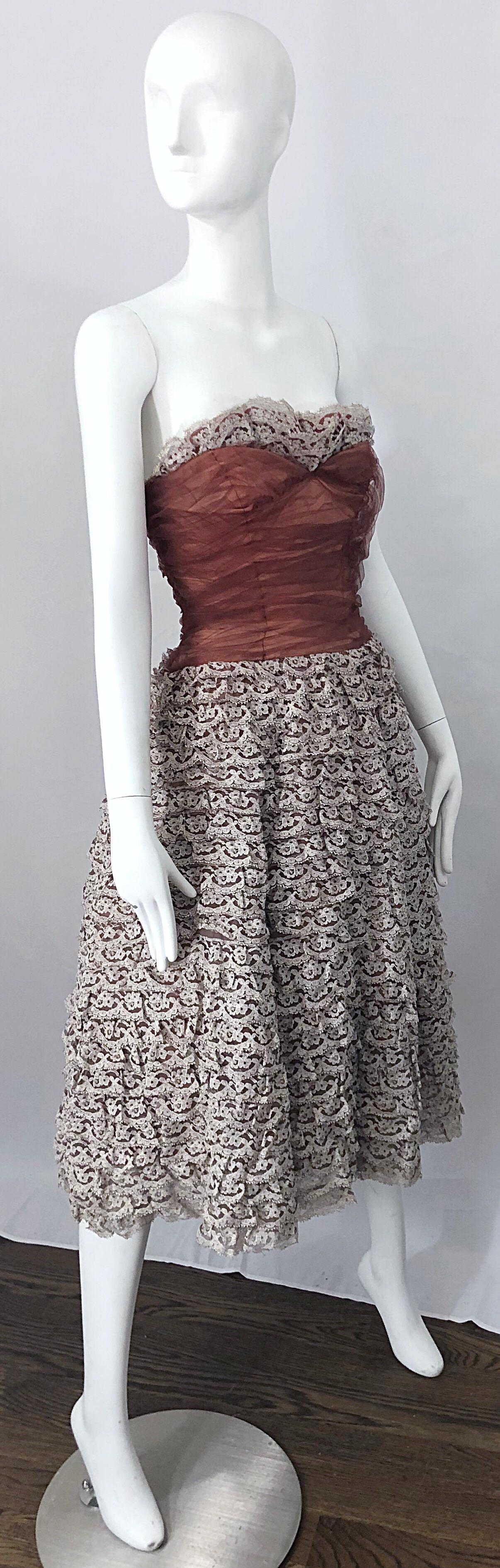 Brown Stunning 1950s Demi Couture Taupe + Terra Cotta Vintage 50s Strapless Lace Dress For Sale