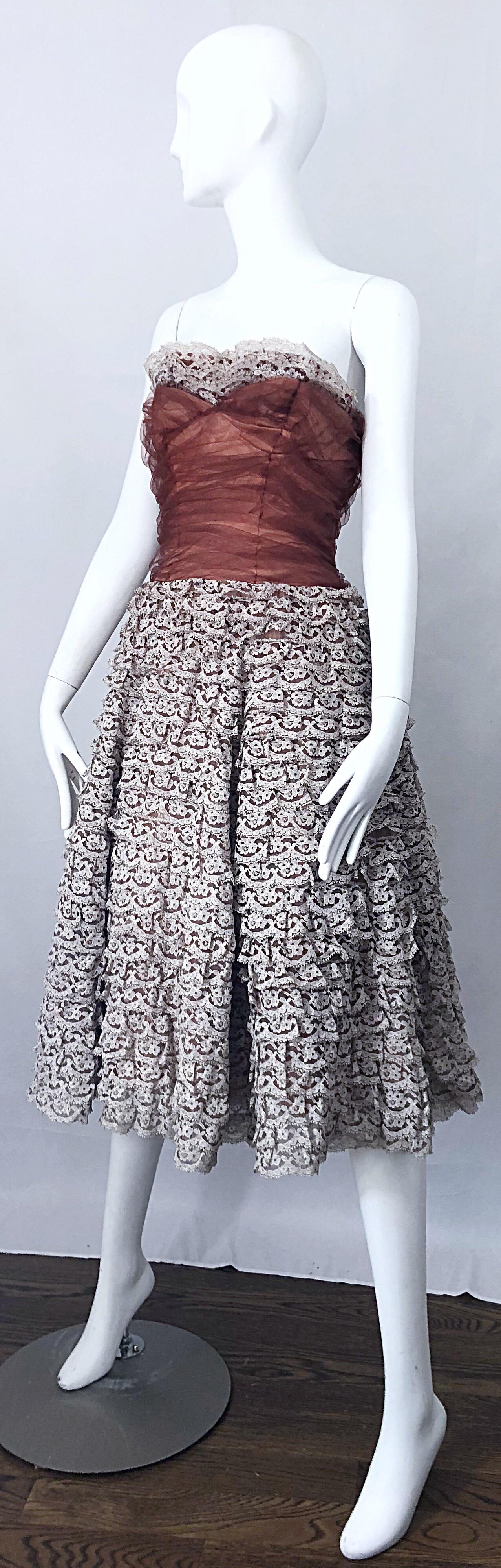 Stunning 1950s Demi Couture Taupe + Terra Cotta Vintage 50s Strapless Lace Dress In Excellent Condition For Sale In San Diego, CA