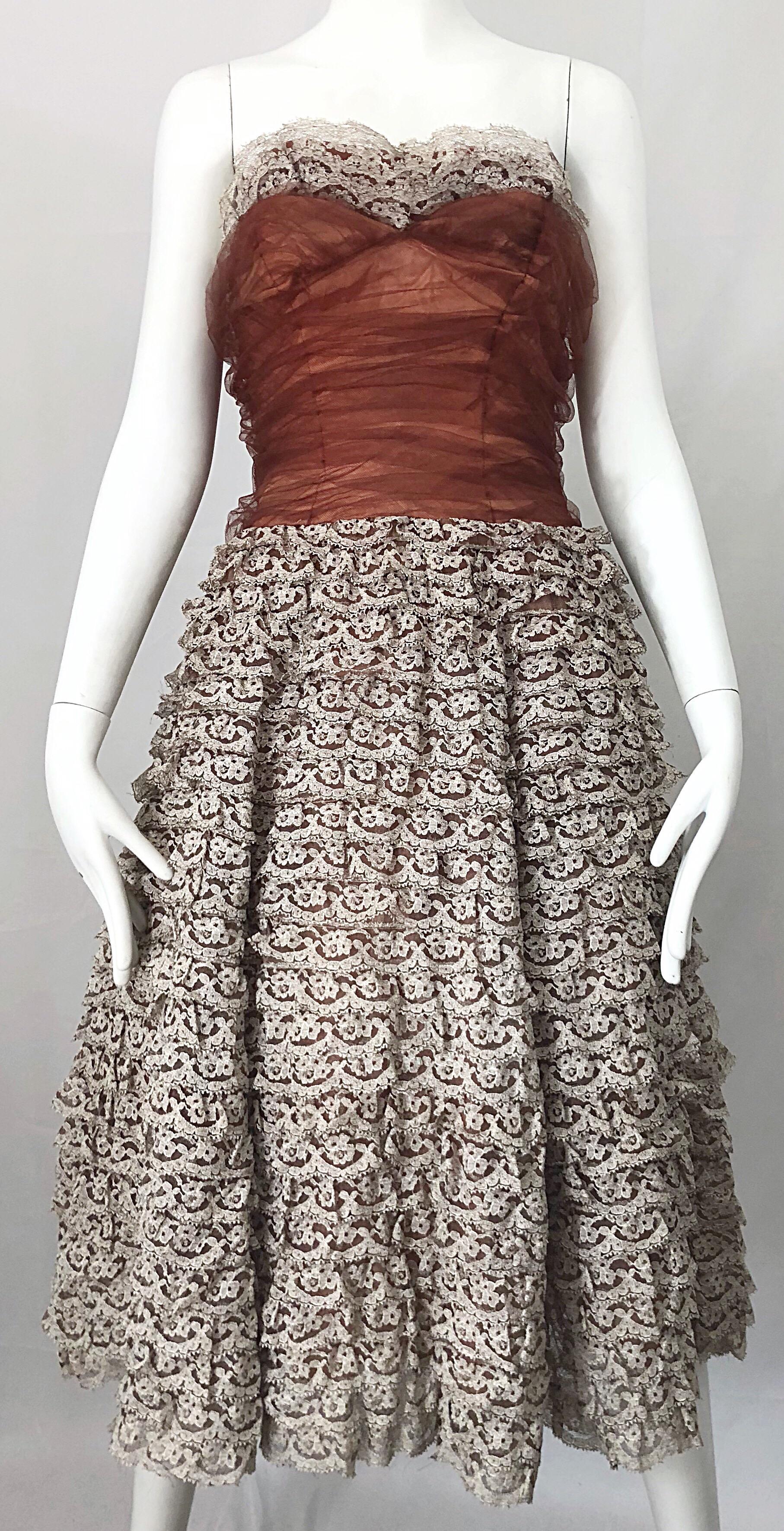 Stunning 1950s Demi Couture Taupe + Terra Cotta Vintage 50s Strapless Lace Dress For Sale 3