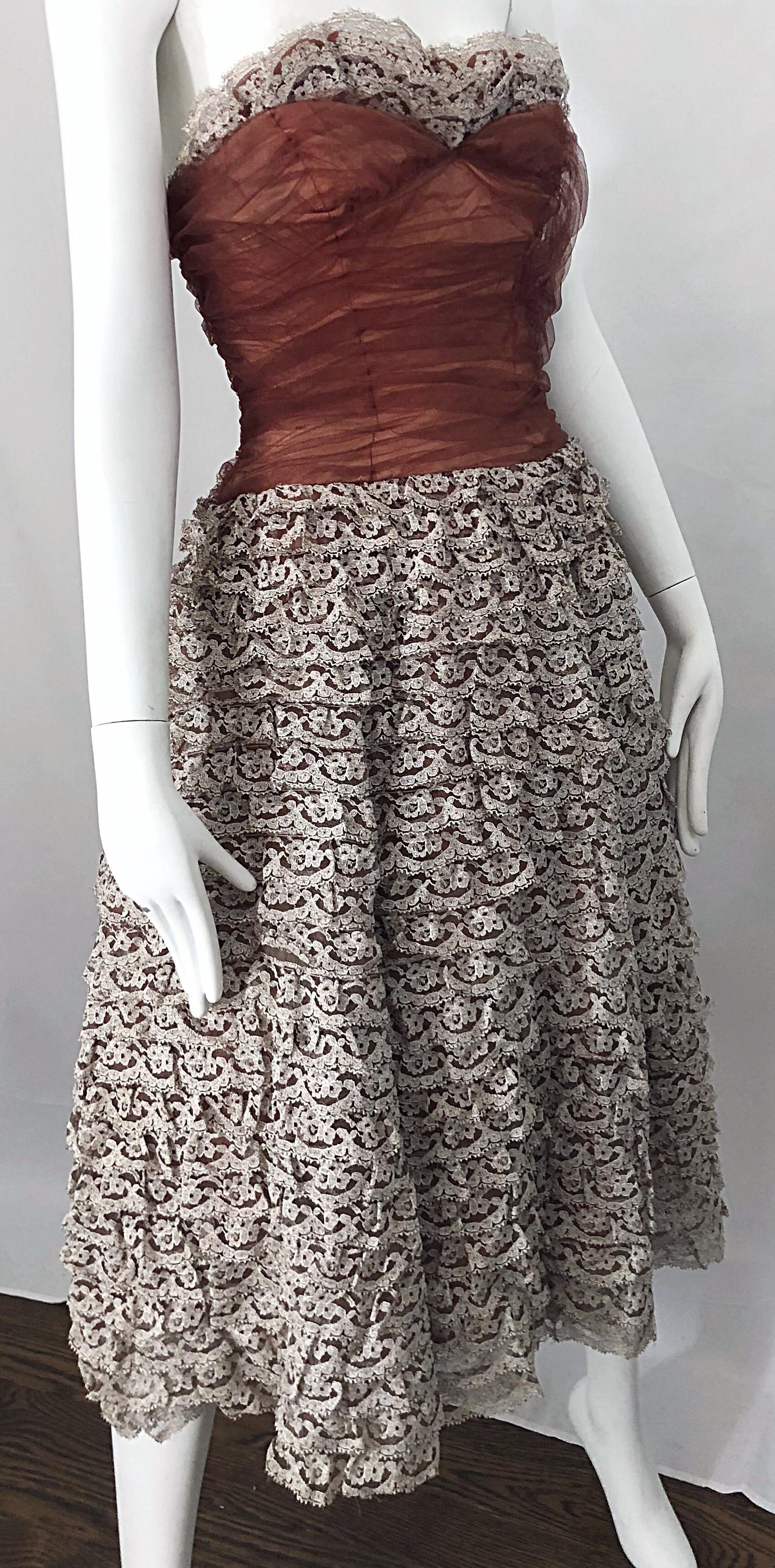 Stunning 1950s Demi Couture Taupe + Terra Cotta Vintage 50s Strapless Lace Dress For Sale 4