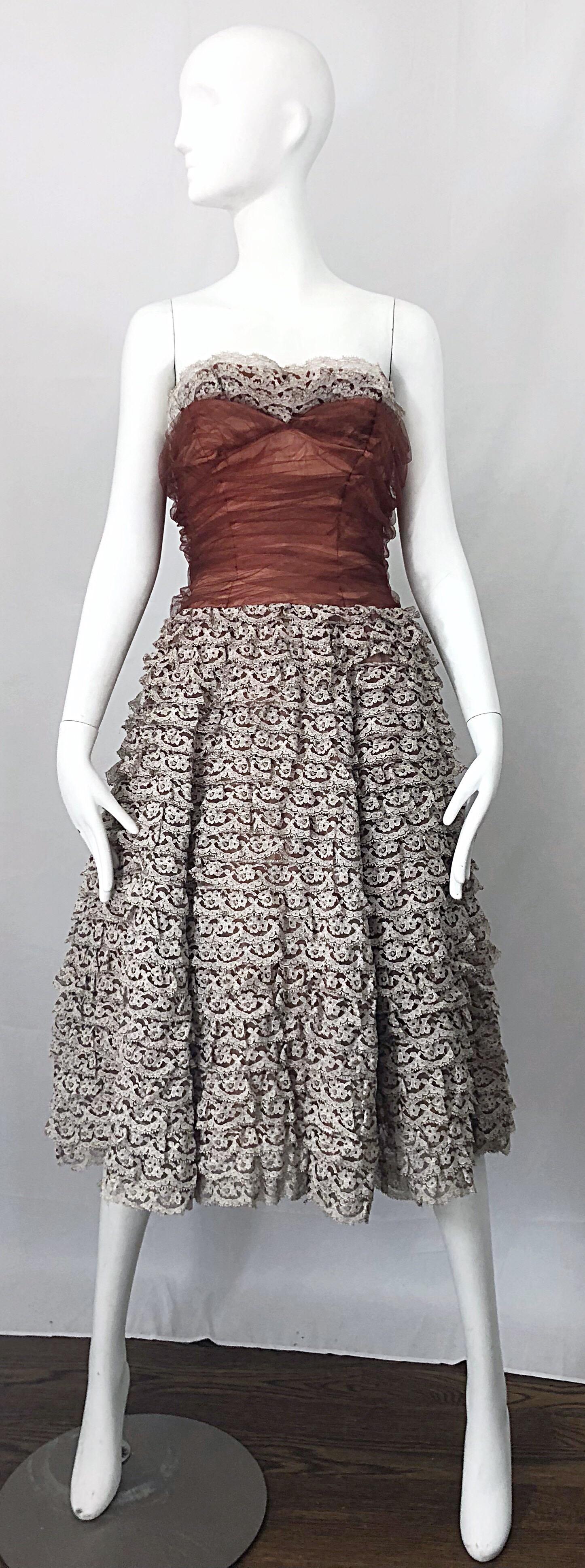 Stunning 1950s Demi Couture Taupe + Terra Cotta Vintage 50s Strapless Lace Dress For Sale 5