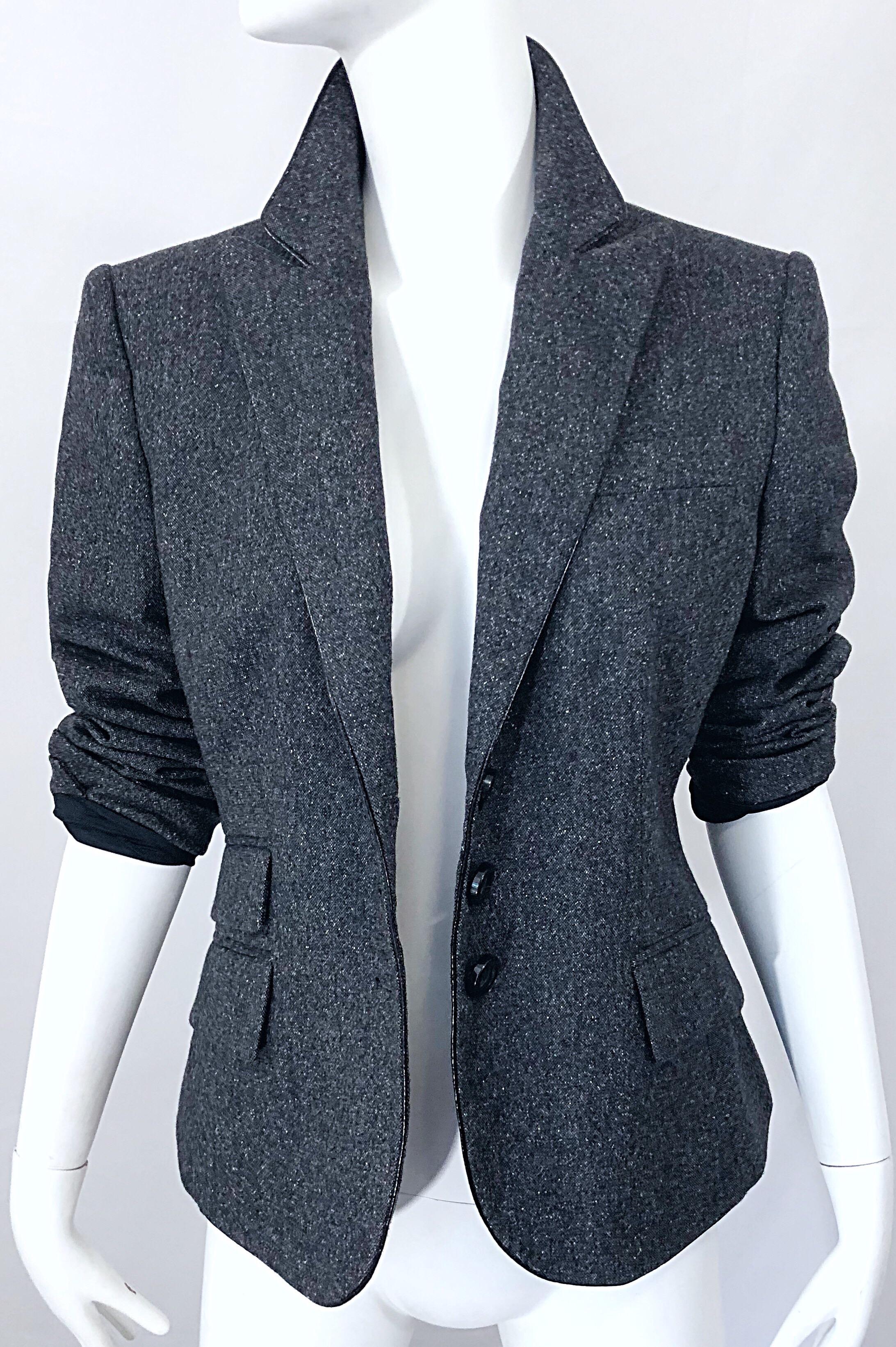 Nuovo John Richmond Taglia 44 / US 8 Slim Fit Gray Fitted Smoking Blazer Jacket in vendita 1