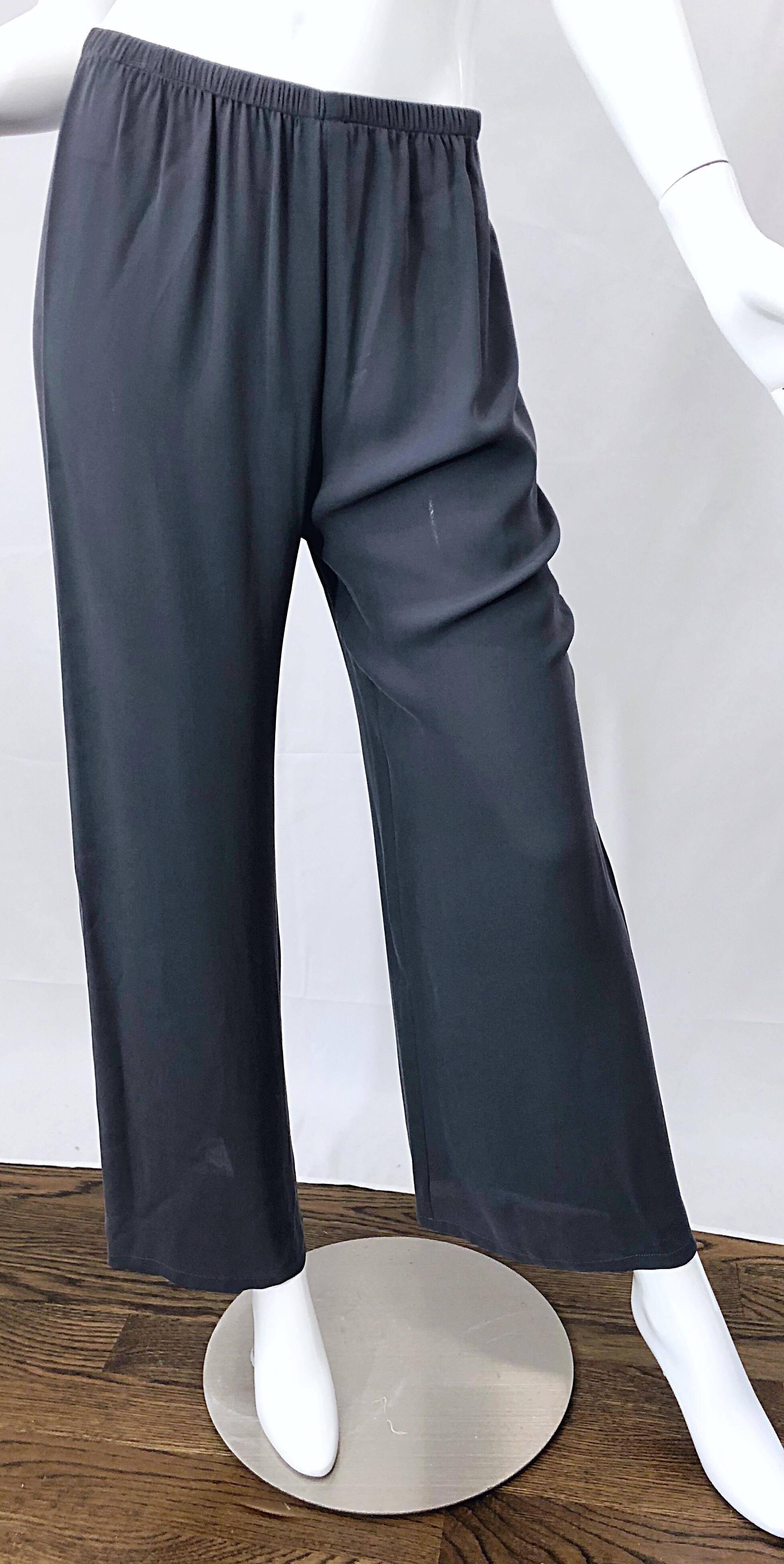 Women's Vintage Calvin Klein Collection Size 6 Gray Silk Wide Leg 1990s Pants Trousers
