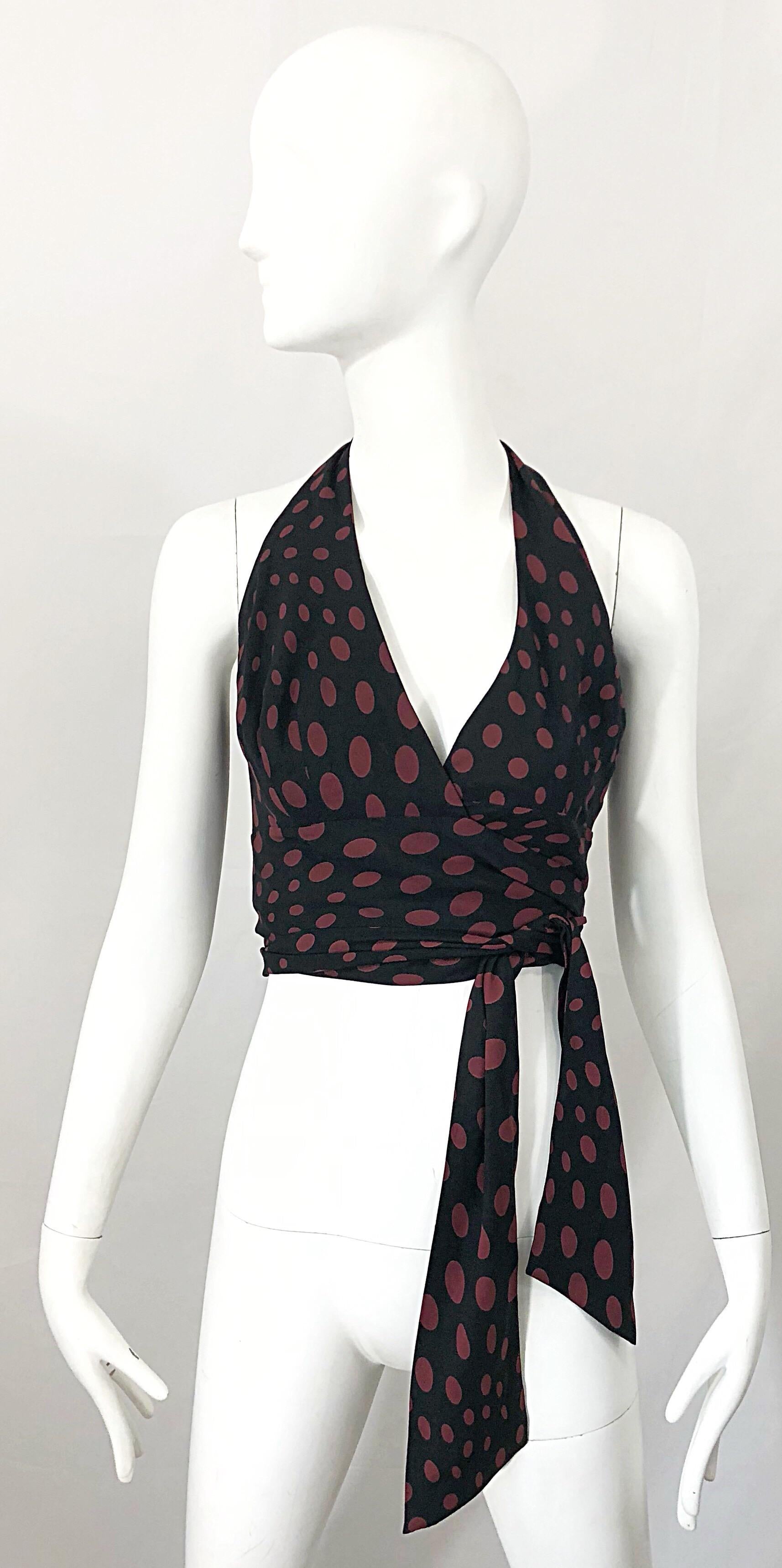 Sexy vintage NICOLE MILLER black and burgundy / maroon polka dots silk wrap hater neck crop top! Can wrap around with the ties in the front or back. Plunging neckline reveals just the right amount of cleavage. Can easily be dressed up or down. Great