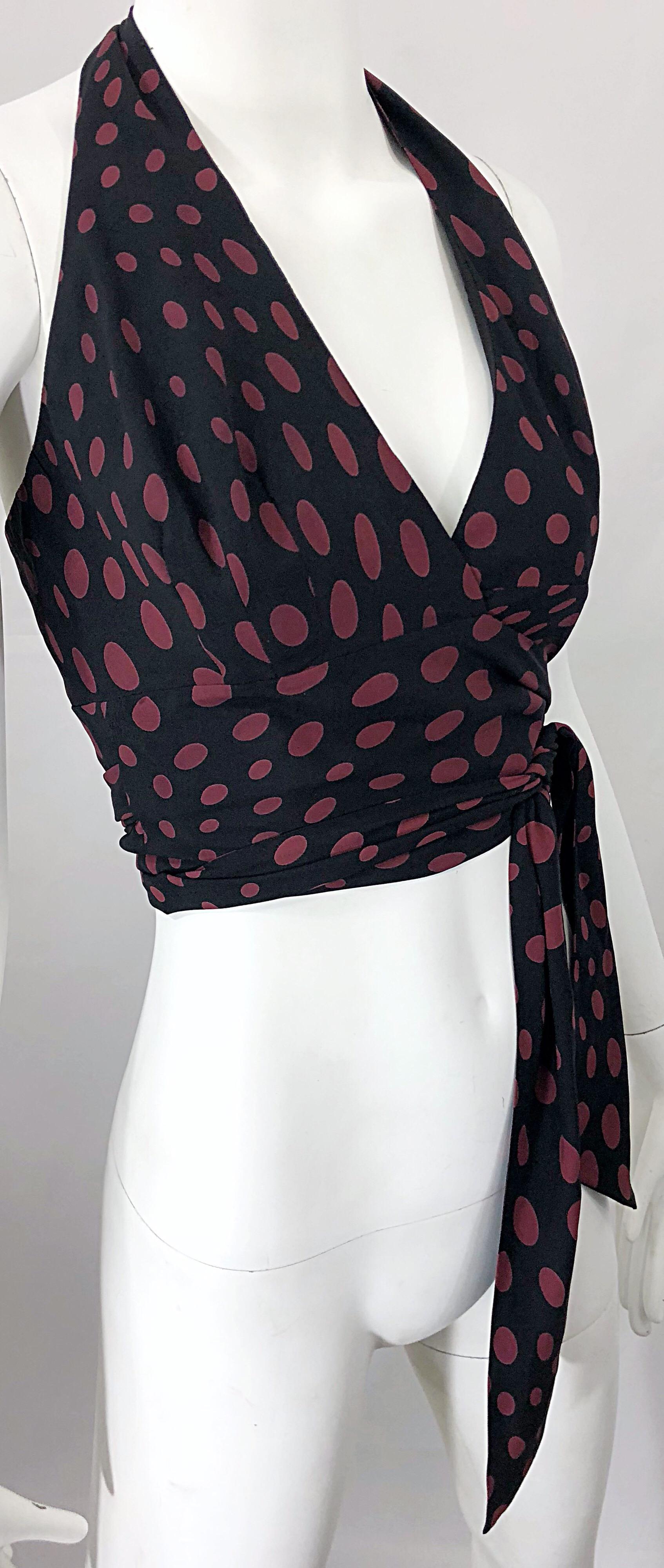 1990s Nicole Miller Black and Burgundy Polka Dot Vintage 90s Silk Wrap Crop Top For Sale 1