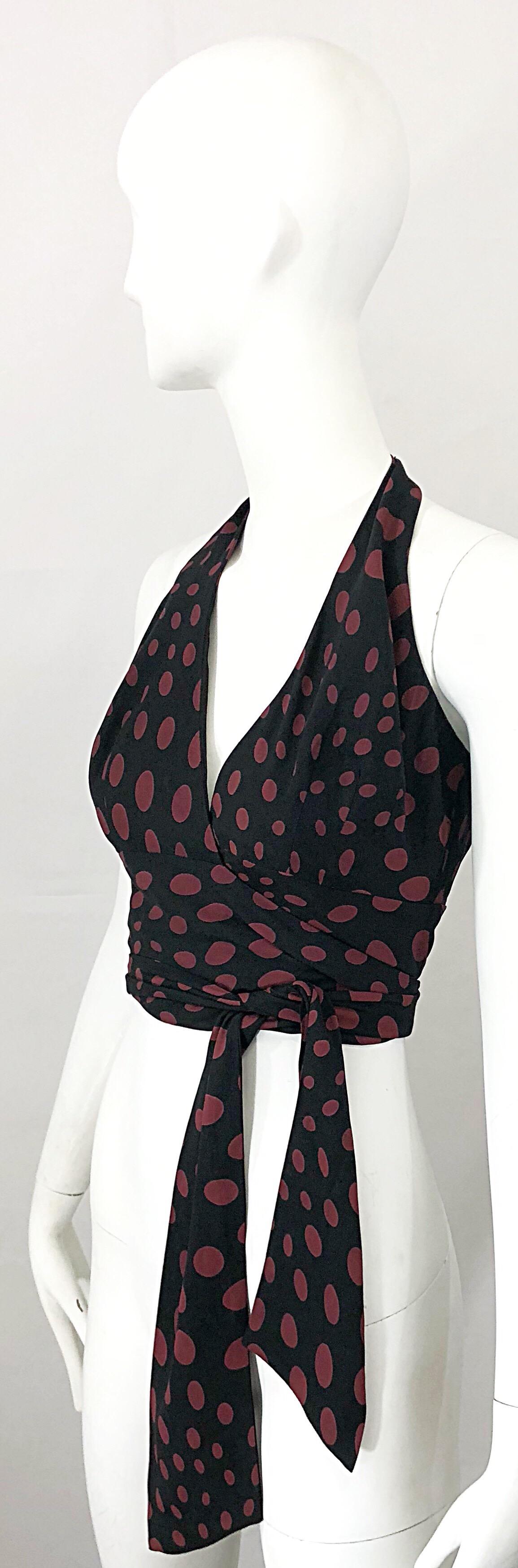 1990s Nicole Miller Black and Burgundy Polka Dot Vintage 90s Silk Wrap Crop Top For Sale 2