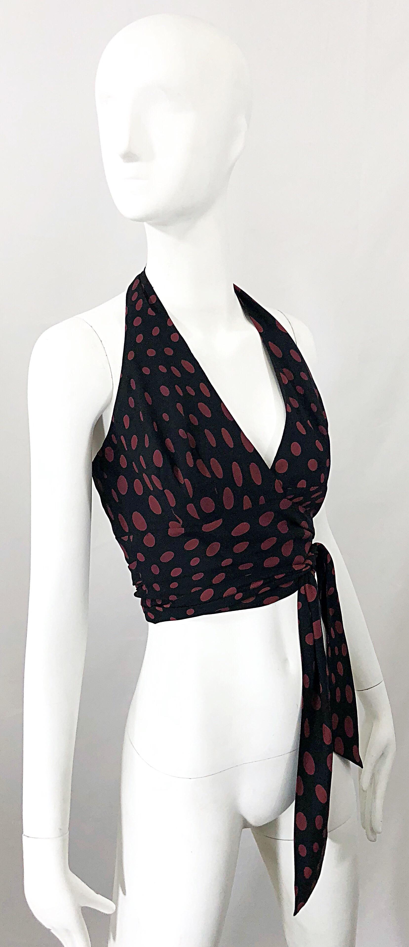 1990s Nicole Miller Black and Burgundy Polka Dot Vintage 90s Silk Wrap Crop Top For Sale 5