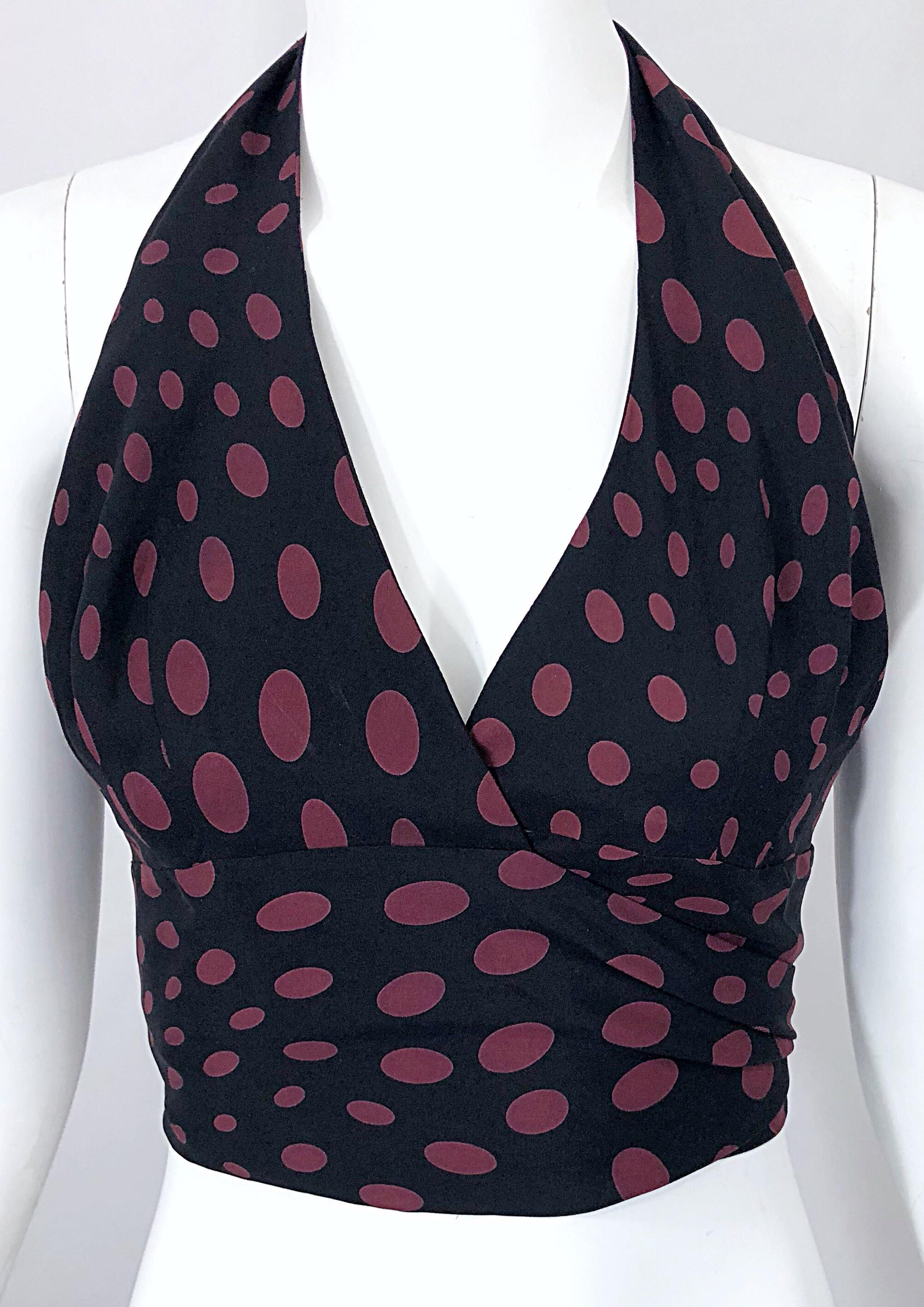 1990s Nicole Miller Black and Burgundy Polka Dot Vintage 90s Silk Wrap Crop Top For Sale 7