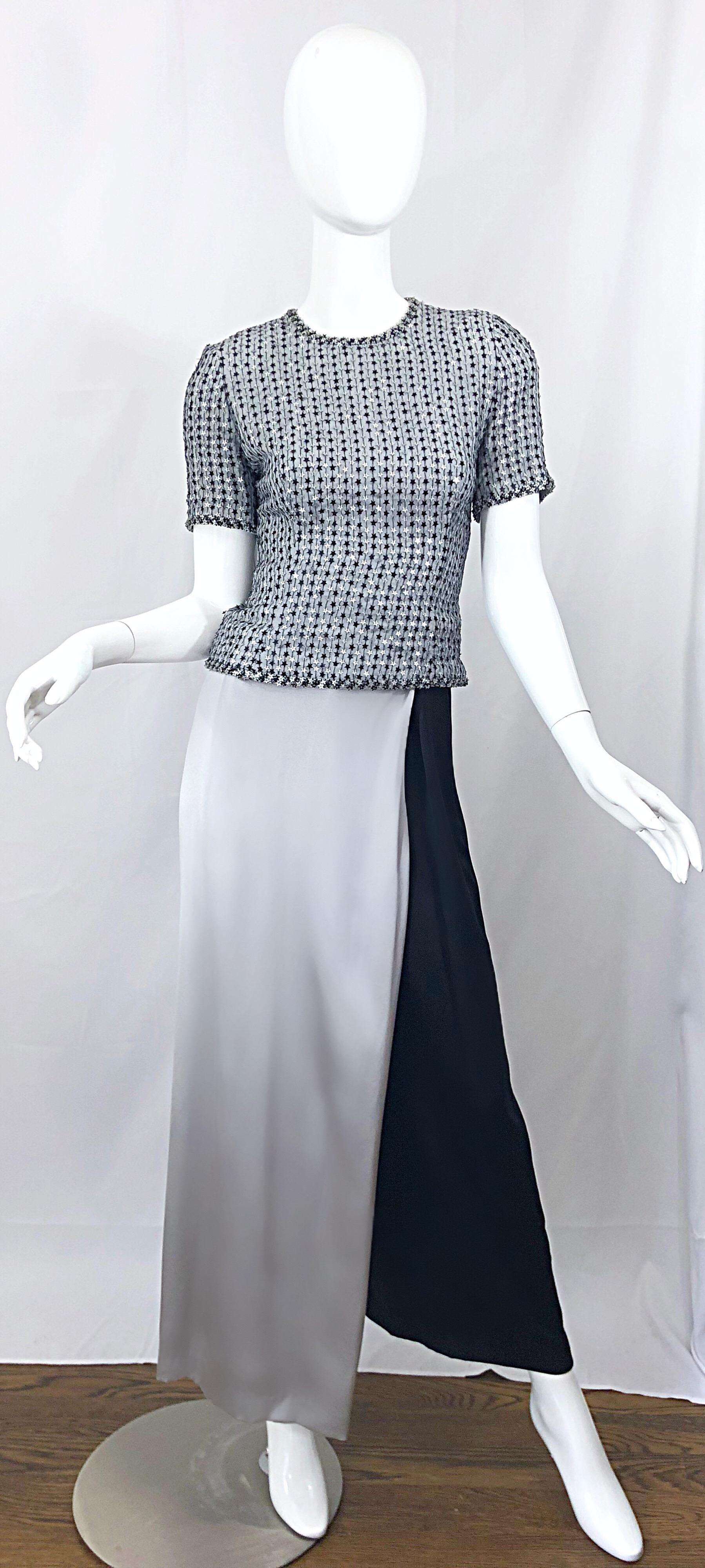 Rare, and nothing short of amazing 80s TARQUIN EBKER Couture Avant Garde ensemble! Features slinky silk wide leg high waisted color block palazzo trousers. Right leg is silver / gray, and the right leg is black. Pants zip up the front with