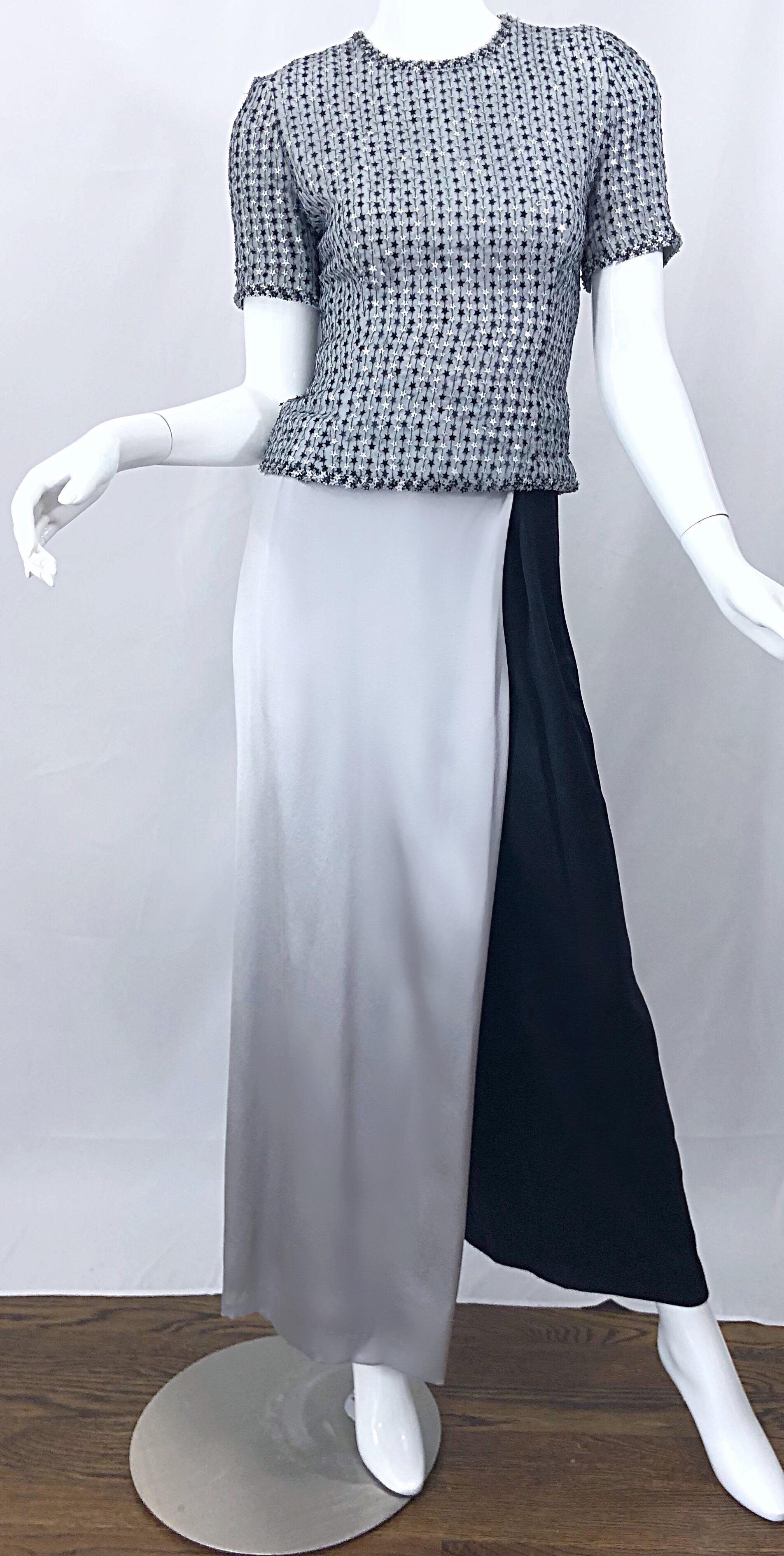 Gray 1980s Tarquin Ebker Silver Grey + Black Silk Palazzo Pants and Star Sequin Top For Sale