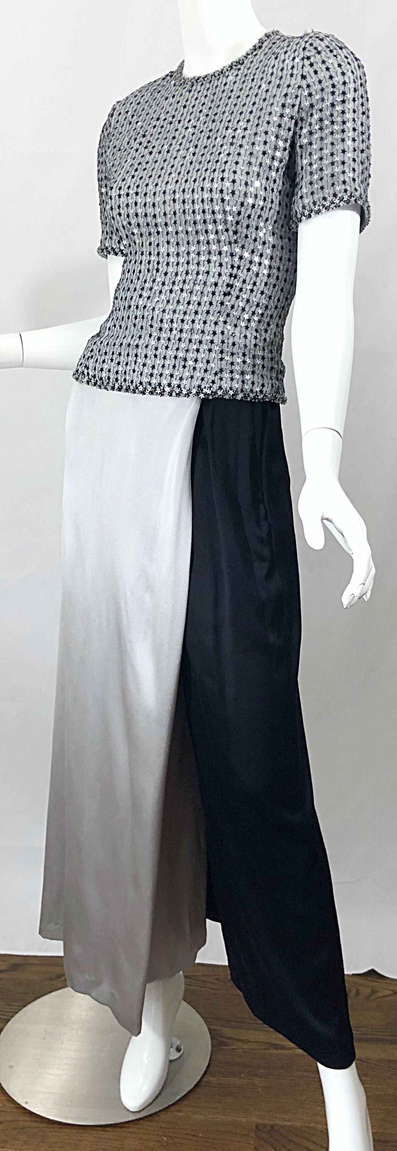 Women's 1980s Tarquin Ebker Silver Grey + Black Silk Palazzo Pants and Star Sequin Top For Sale